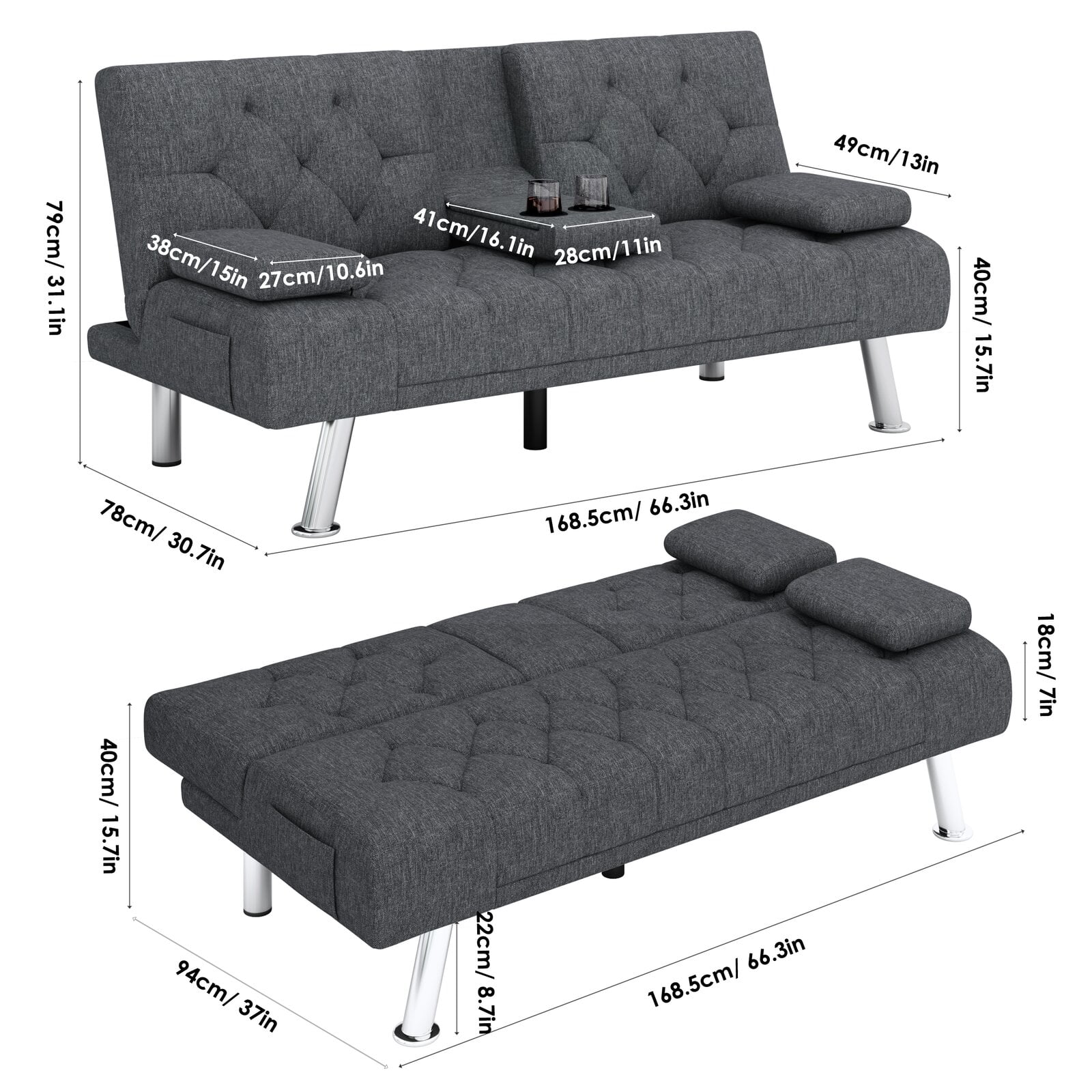 Homfa Upholstered Sofa Bed Couch, Convertible Futon Sleeper Sofa with Removable Armrests and 2 Cup Holders, Dark Gray