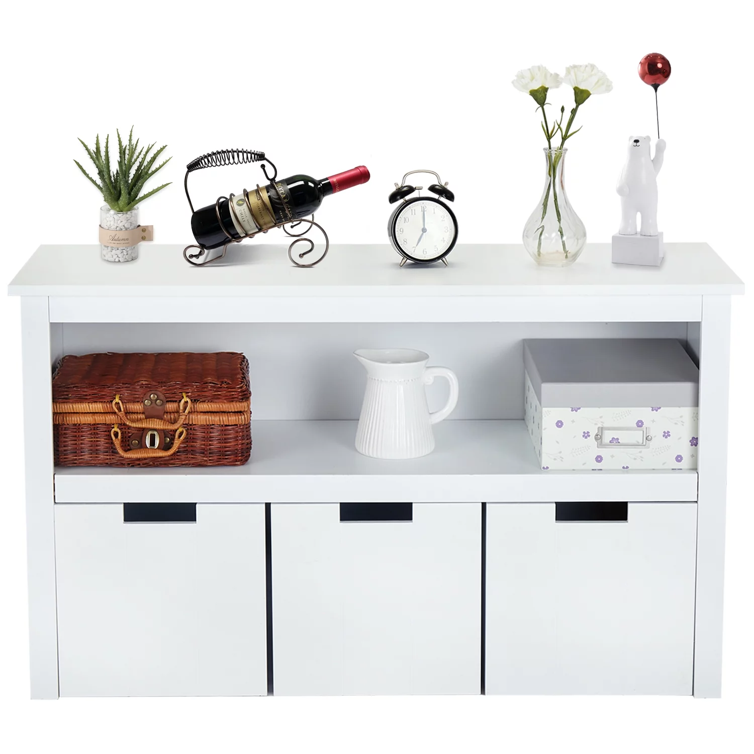 Kinbor Storage Cabinet with 3 Rolling Box Cubes and Large Shelf Clothes Organizer Bookcase Chests for Living Room Bedroom Office White