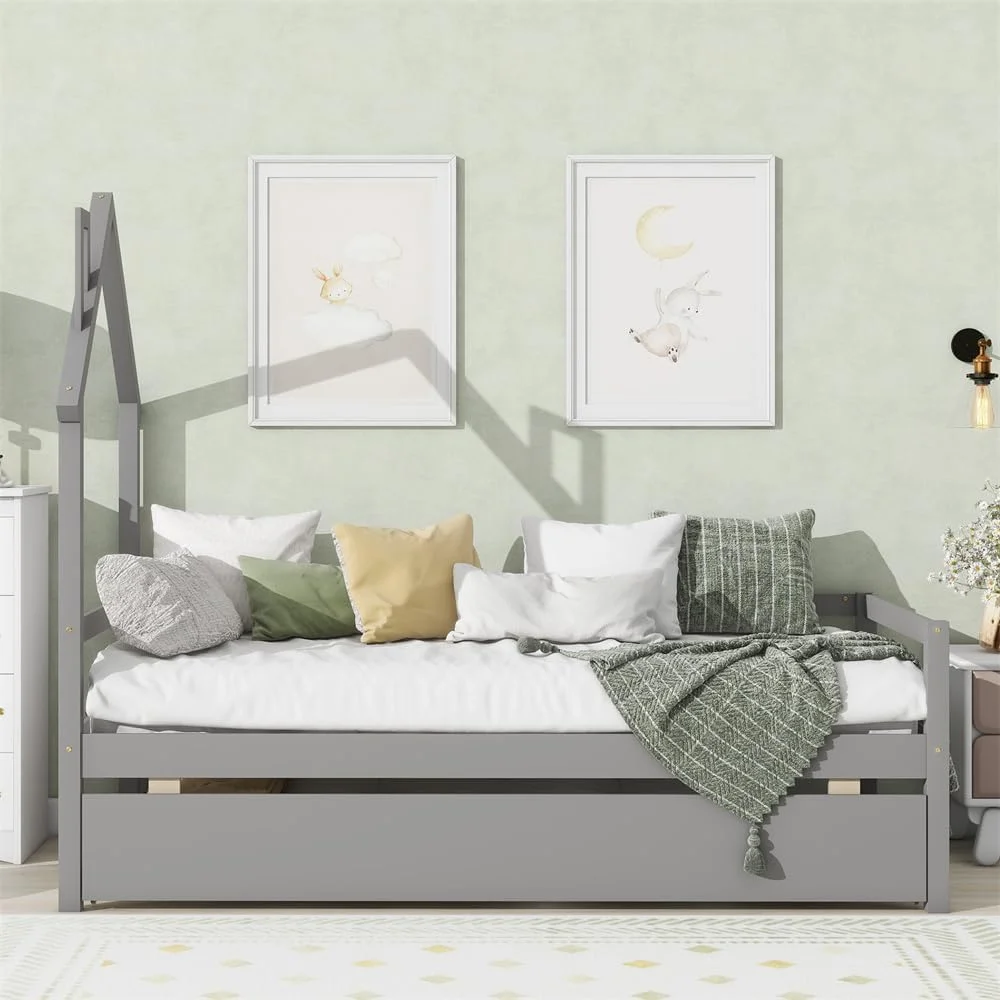 Tabaray Twin Size Daybed with Trundle, Solid Wood House Platform Bed Frame with Guardrails, Roof and Chimney, Space Saving Sofa Bed for Boys Girls Adults,, Gray