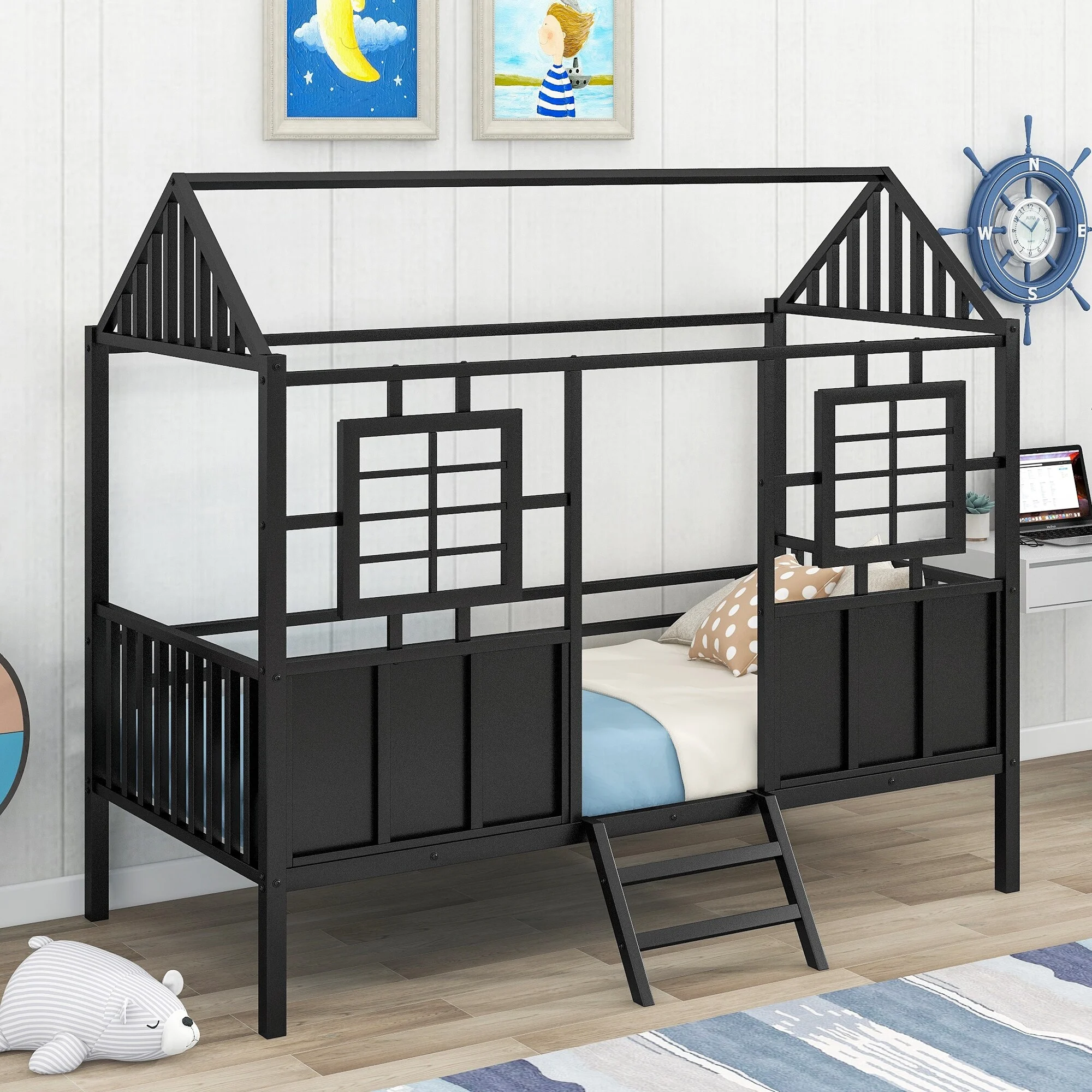 Nestfair  Twin Size Metal Low Loft Bed with Roof and Two Front Windows White - Twin