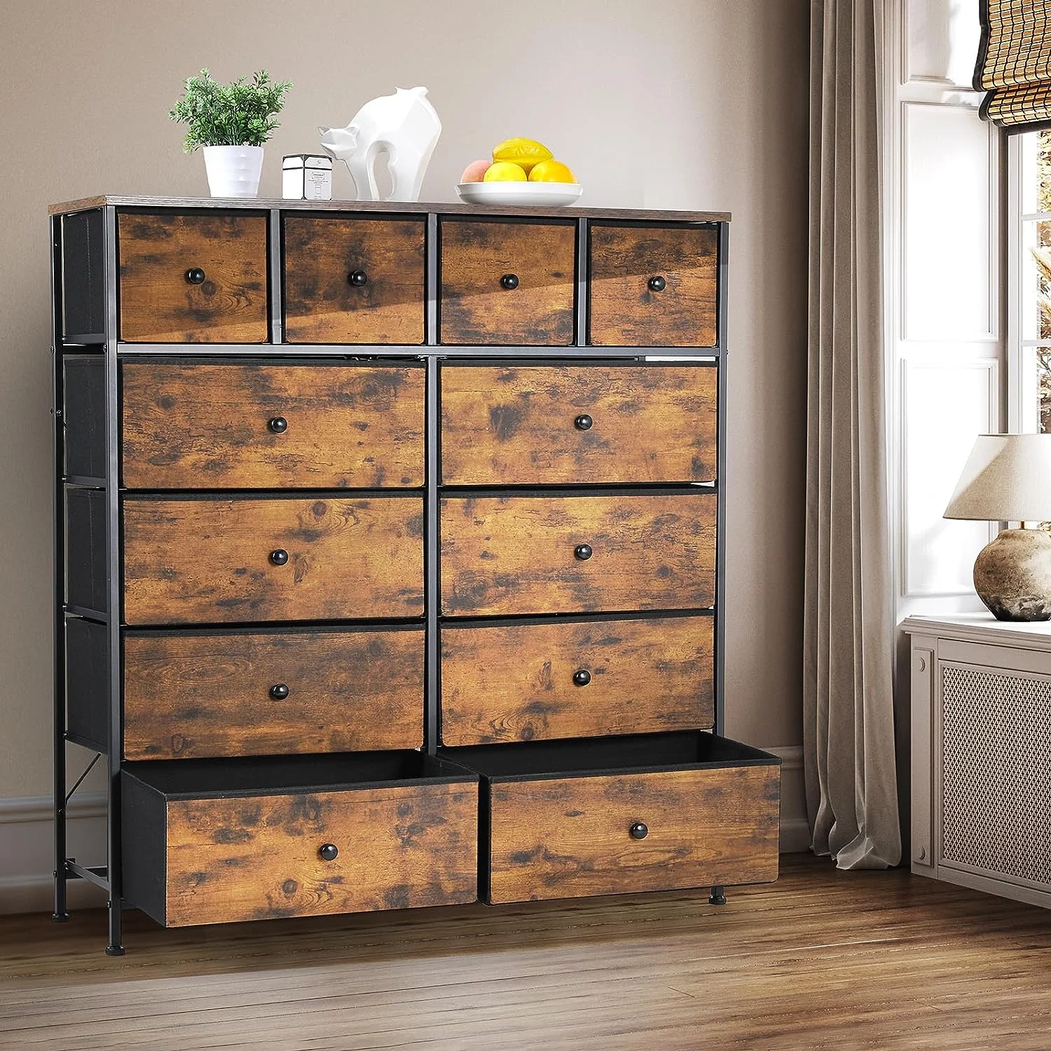 Arlopu 12-Drawer Dresser, Tall Chest Organizer Unit with Textured Print Bins, Dresser with Fabric Storage Drawers for Bedroom, Living Room, Hallway