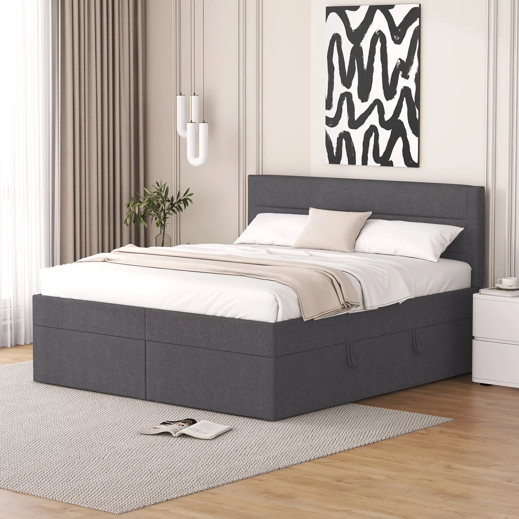 Euroco Queen Size Lift-up Upholstery Platform Bed with Storage Underneath for Kids Teens Adults, Easy Open and Close for Storage, Gray