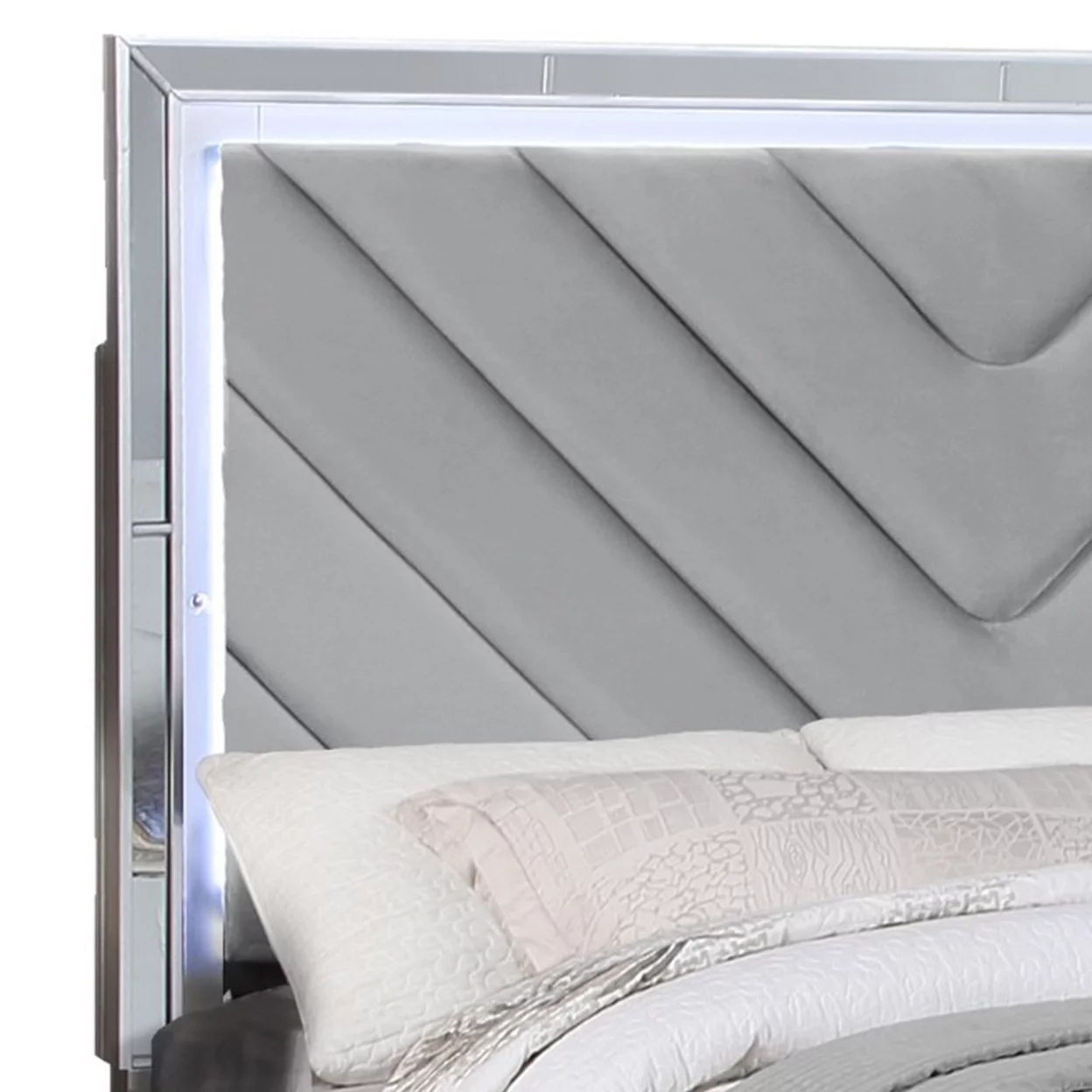 Koi Pine Wood Queen Bed, Velvet Upholstered, V Channel Tufting, Silver, Saltoro Sherpi