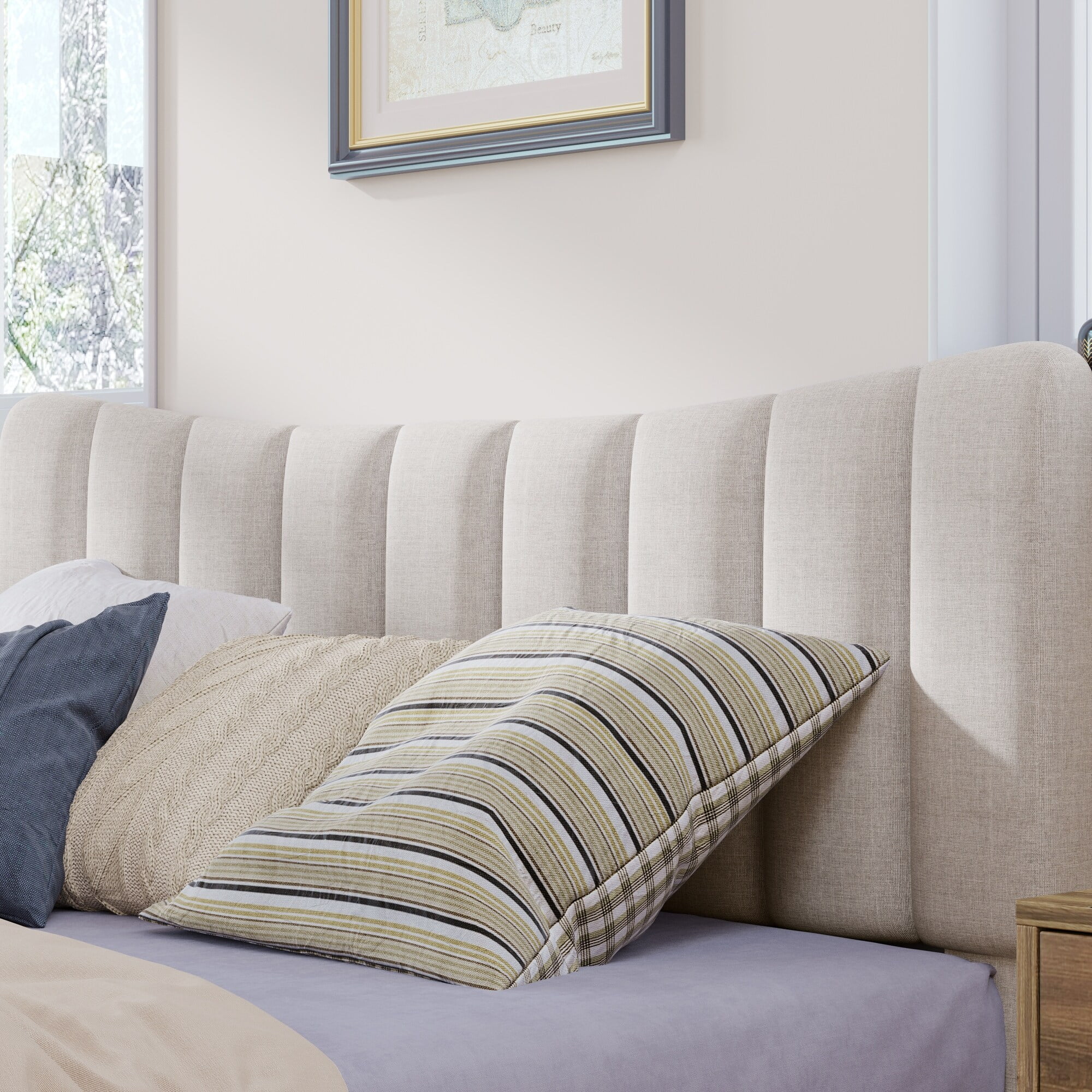 Queen Upholstered Platform Bed Frame with Vertical Channel Tufted Headboard, Wooden Slat Supported, No Box Spring Needed, Cream
