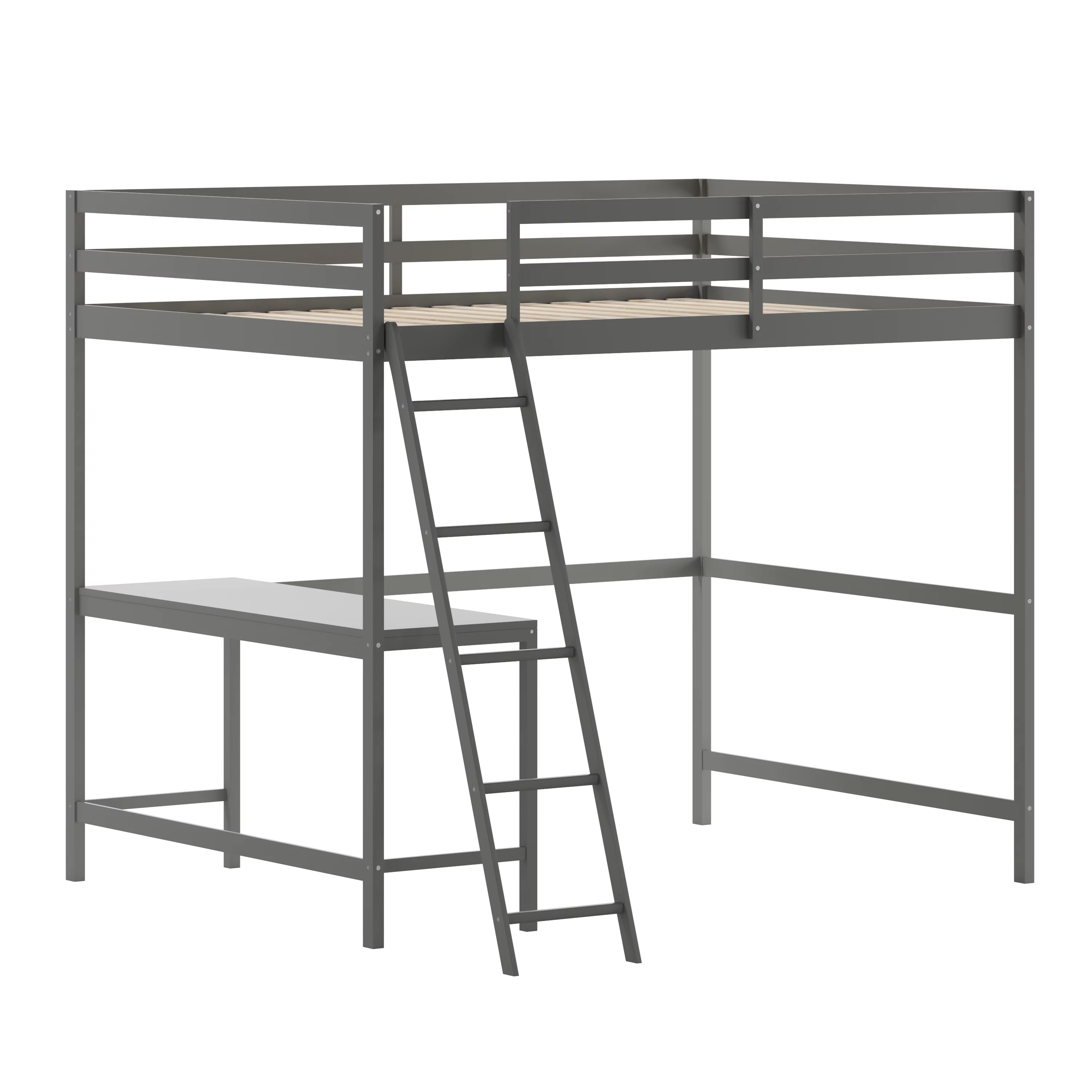 Emma + Oliver Loft Bed Frame with Desk, Full Size Wooden Bed Frame with Protective Guard Rails & Ladder for Kids and Teens in Light Gray