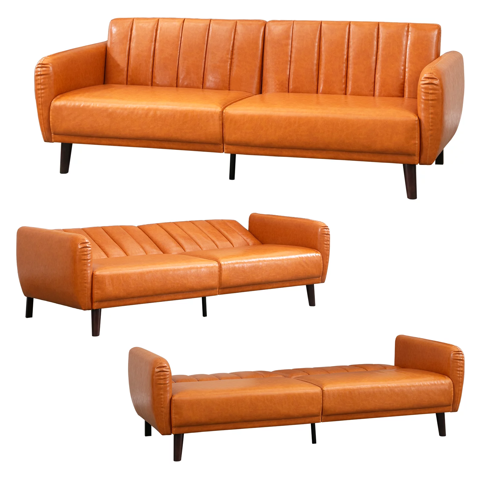 Mjkone Faux Leather Sofa Bed with Adjustable Backrest,Convertible Sofa & Couch for Livingroom/Studio/Apartment/Office (Cognac Tan)