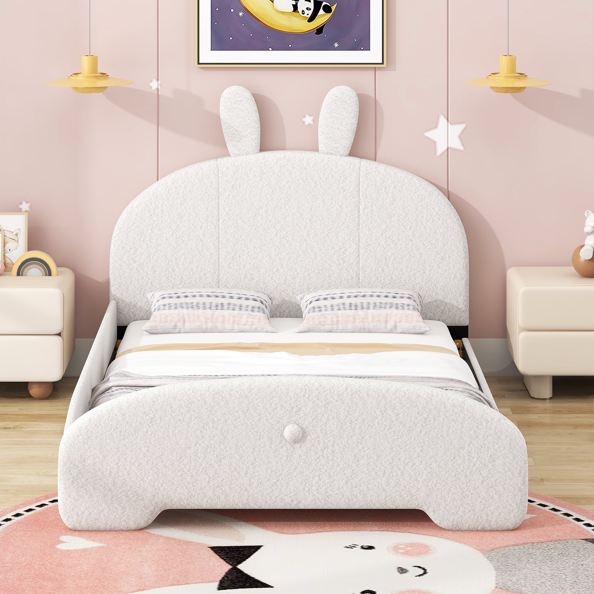 Euroco Full Size Daybed, Upholstery Cartoon Bunny Shaped Platform Bed Design for Kids Bedroom, No Box Spring Needed, White