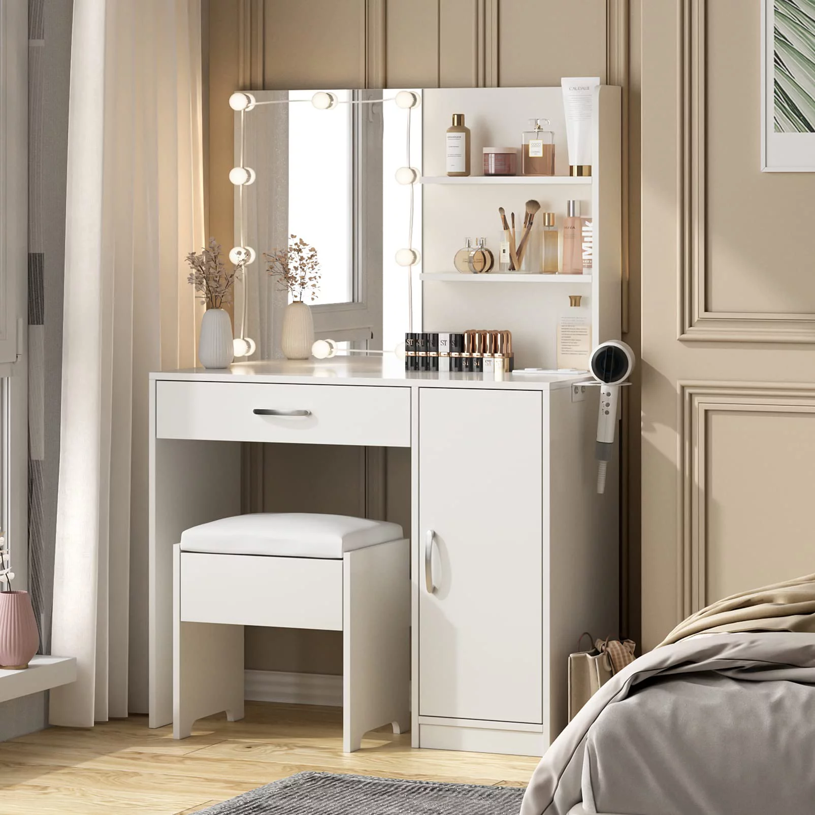 Makeup Vanity Desk with Lighted Mirror & Power Strip,Makeup Vanity Table with Lights and Hair Dryer Rack,3 Lighting Modes,35in Large Drawers Dressing Table,White