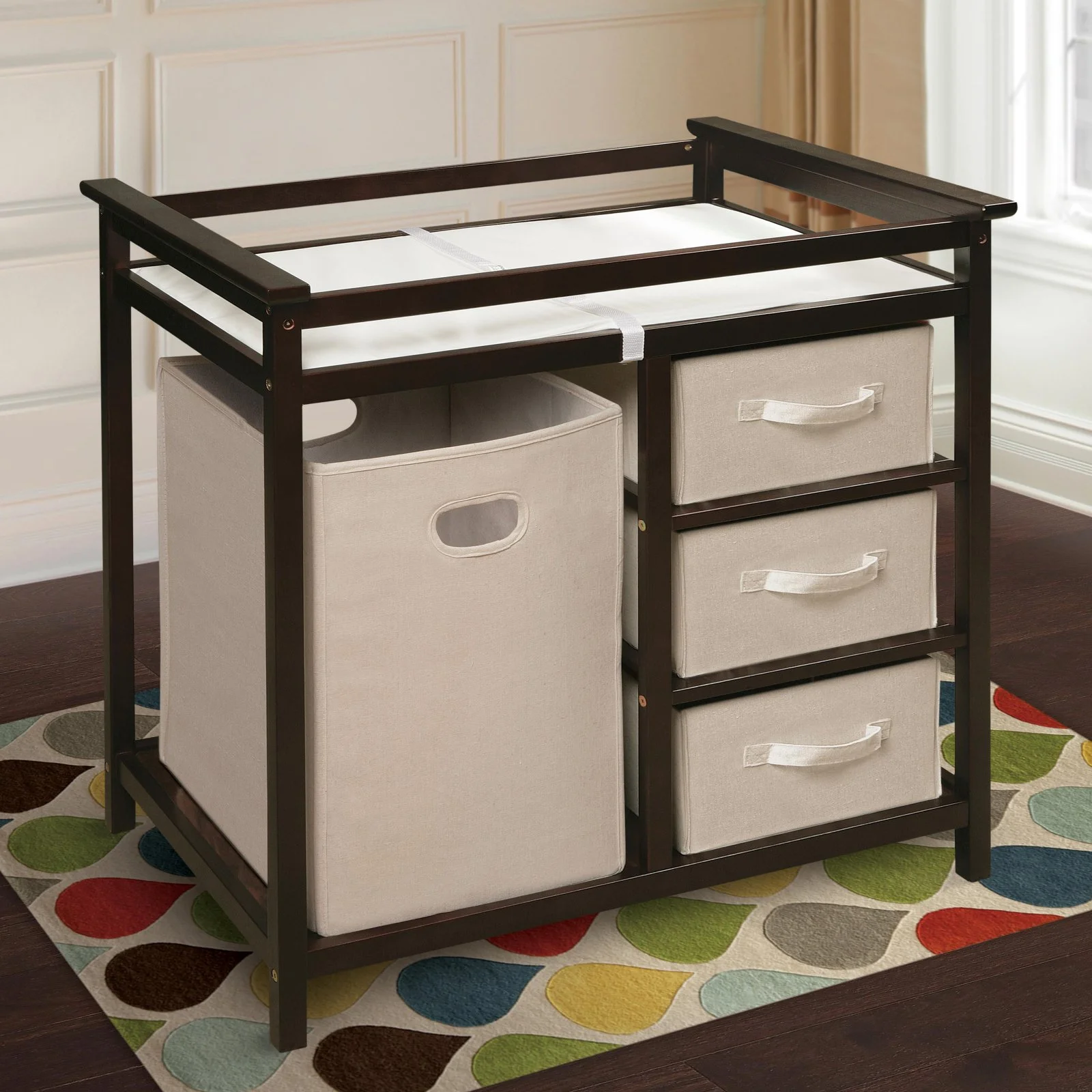 Badger Basket Modern Baby Changing Table with Hamper and 3 Baskets, White, Includes Pad