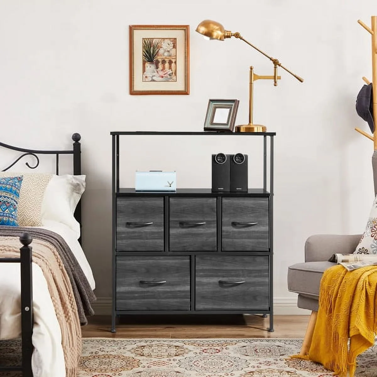 SYTHERS Storage Cabinet Organizer with Top Shelf and 5 Drawers, Fabric Dresser for Closet, Living Room, Hallway, Dark Grey