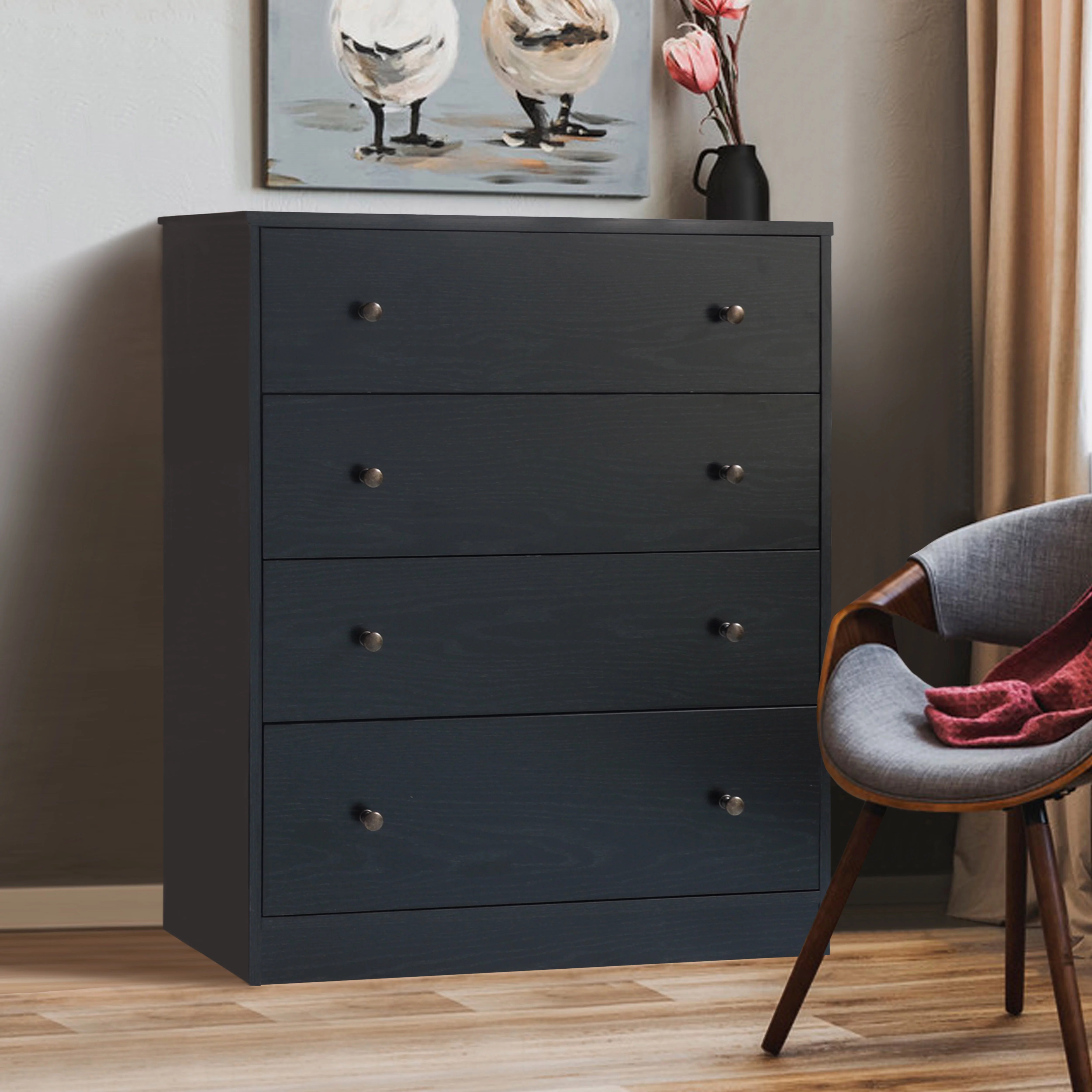 VEIKOUS 4 Drawers Wood Dresser for Bedroom, Living Room and Closet Organization, Black
