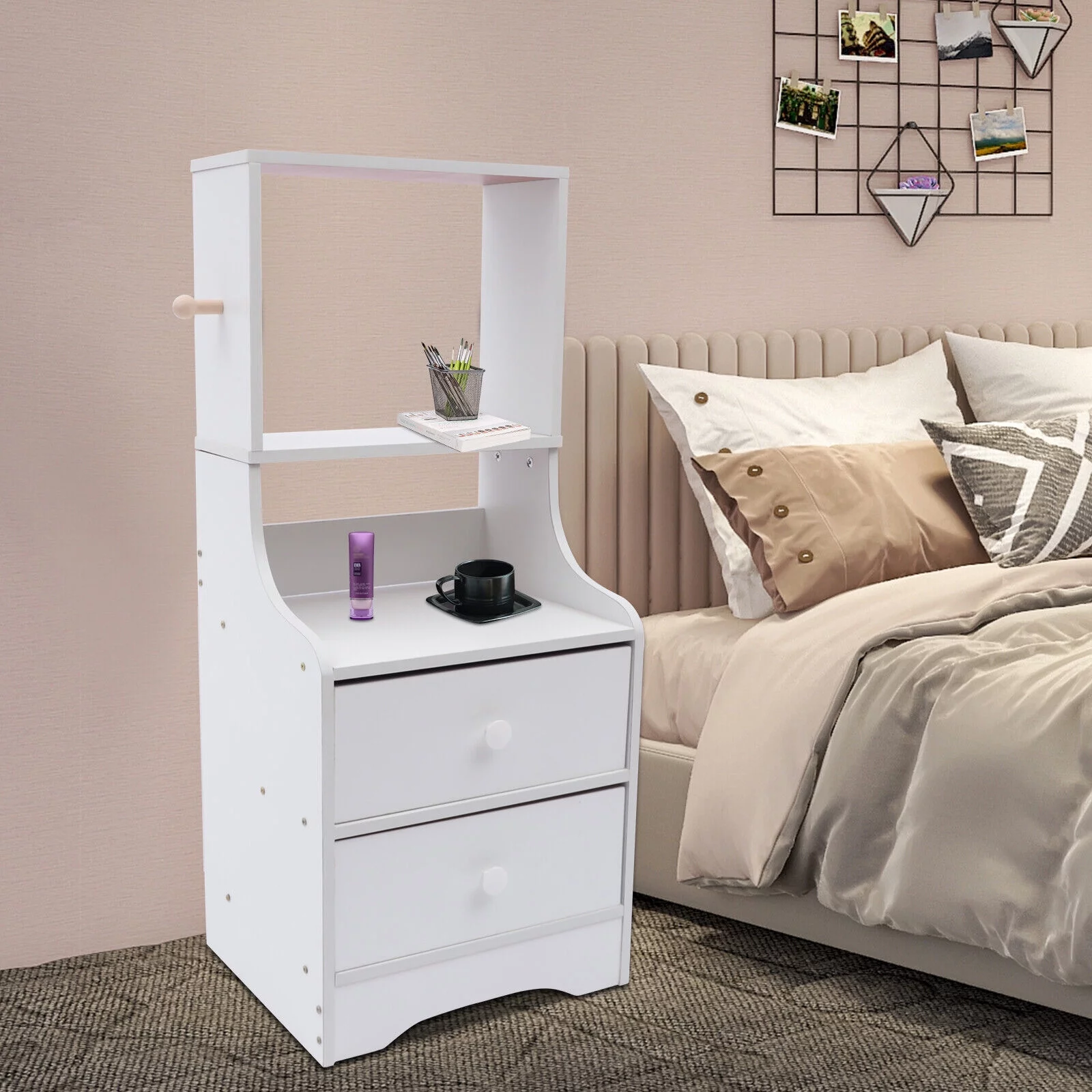 2 Drawer Bedside Table Cupboard Cabinet Bedroom Nightstand Storage Display Stand Bedside Table with Side Hook 2in1 Tall Bed End Table 2 Drawers Shelves Storage Bedroom Nightstand