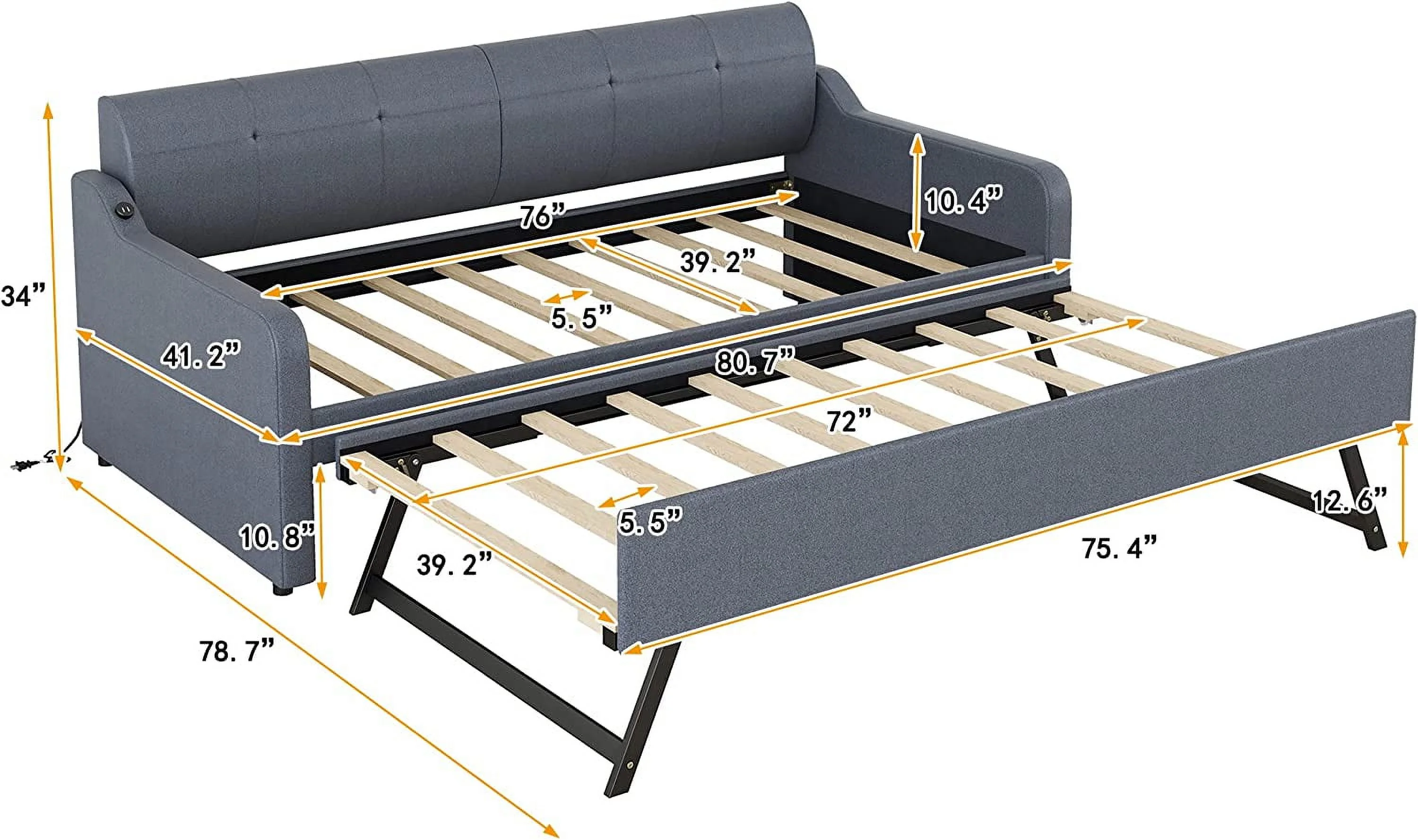 Daybed Frame With Trudle, Upholstery Day Bed Frame With USB Chargig Ports, Moder Sofa Beds With Adjustable Trudle For Livig Room Bedroom Guest Room, Size, Gray