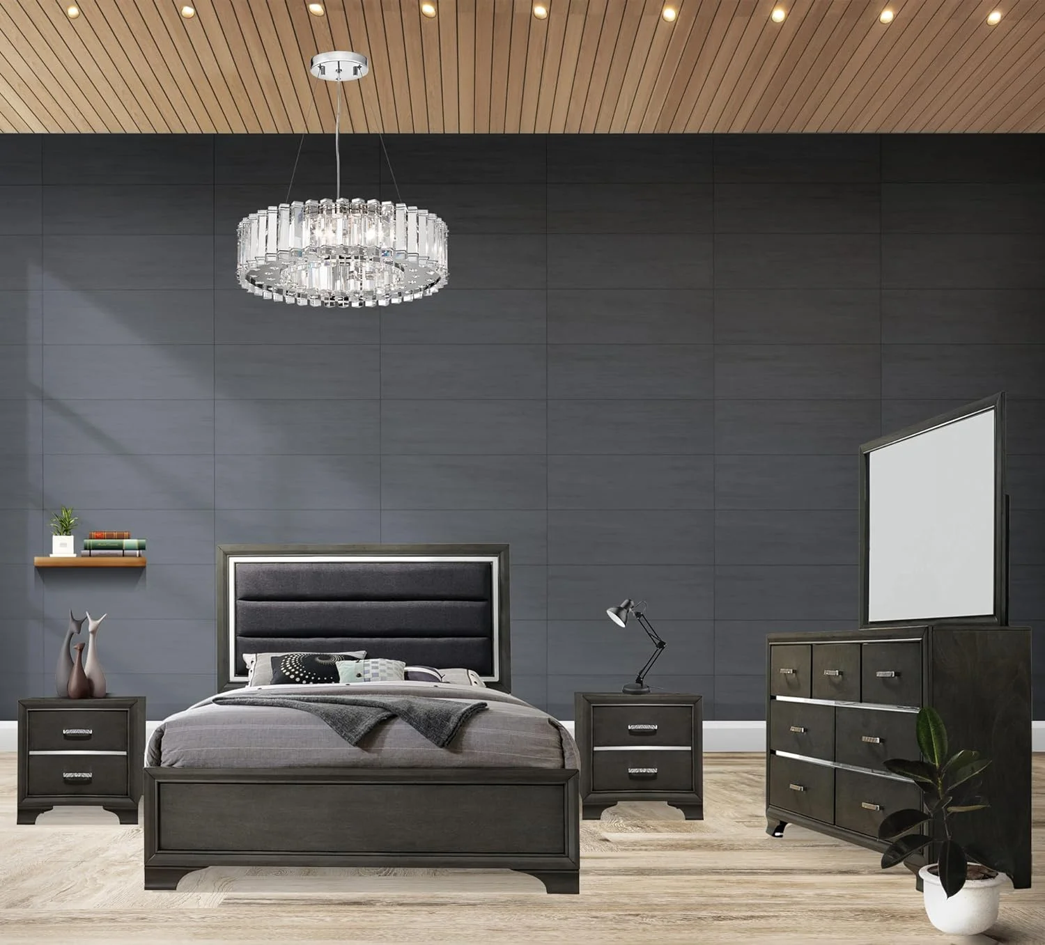 Kings Brand Furniture – 5-Piece Gray Wood with Faux Leather Headboard King Bedroom Set. Bed, Dresser, Mirror & 2 Nightstands