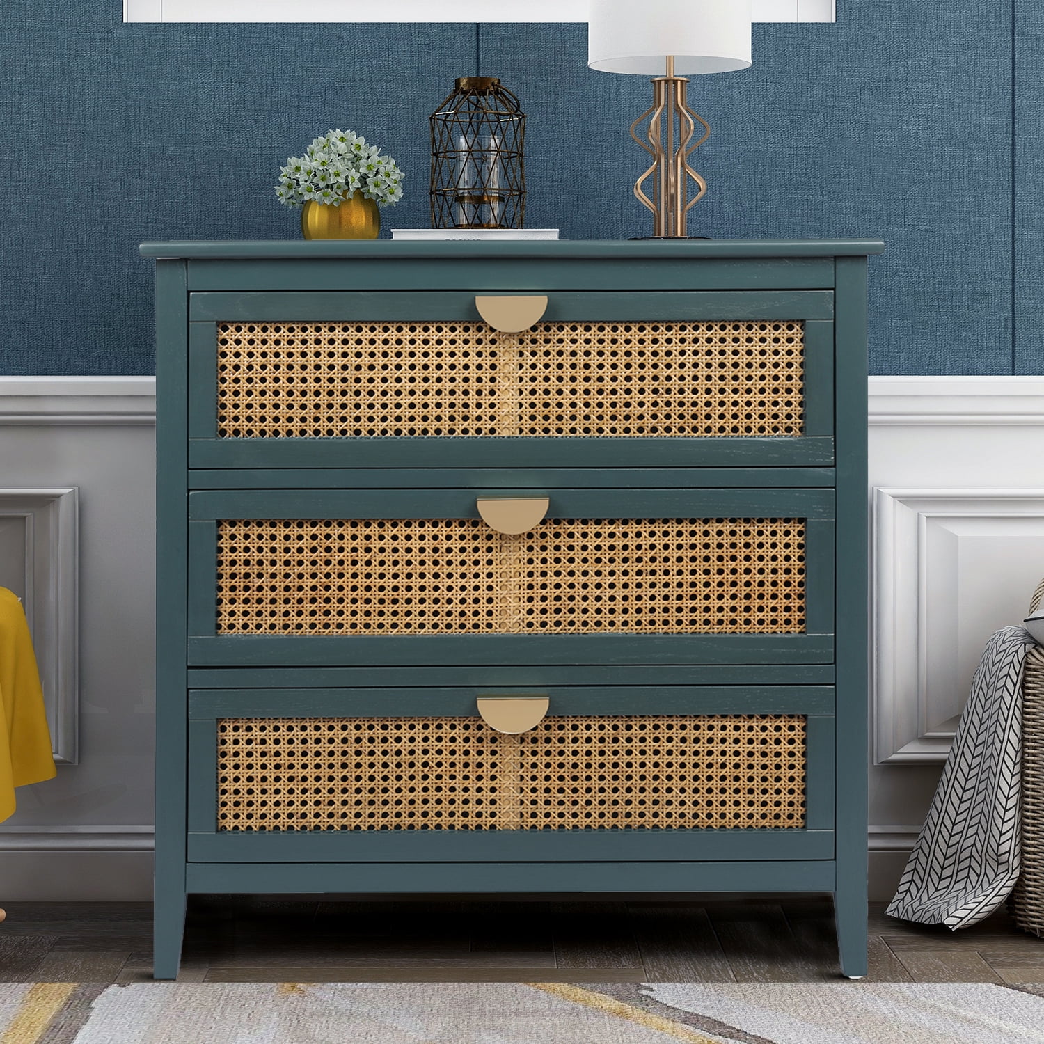 Vintage Style Wood Storage Cabinet with Metal Handles and 3 Drawers for Dining Room, Living Room, Green