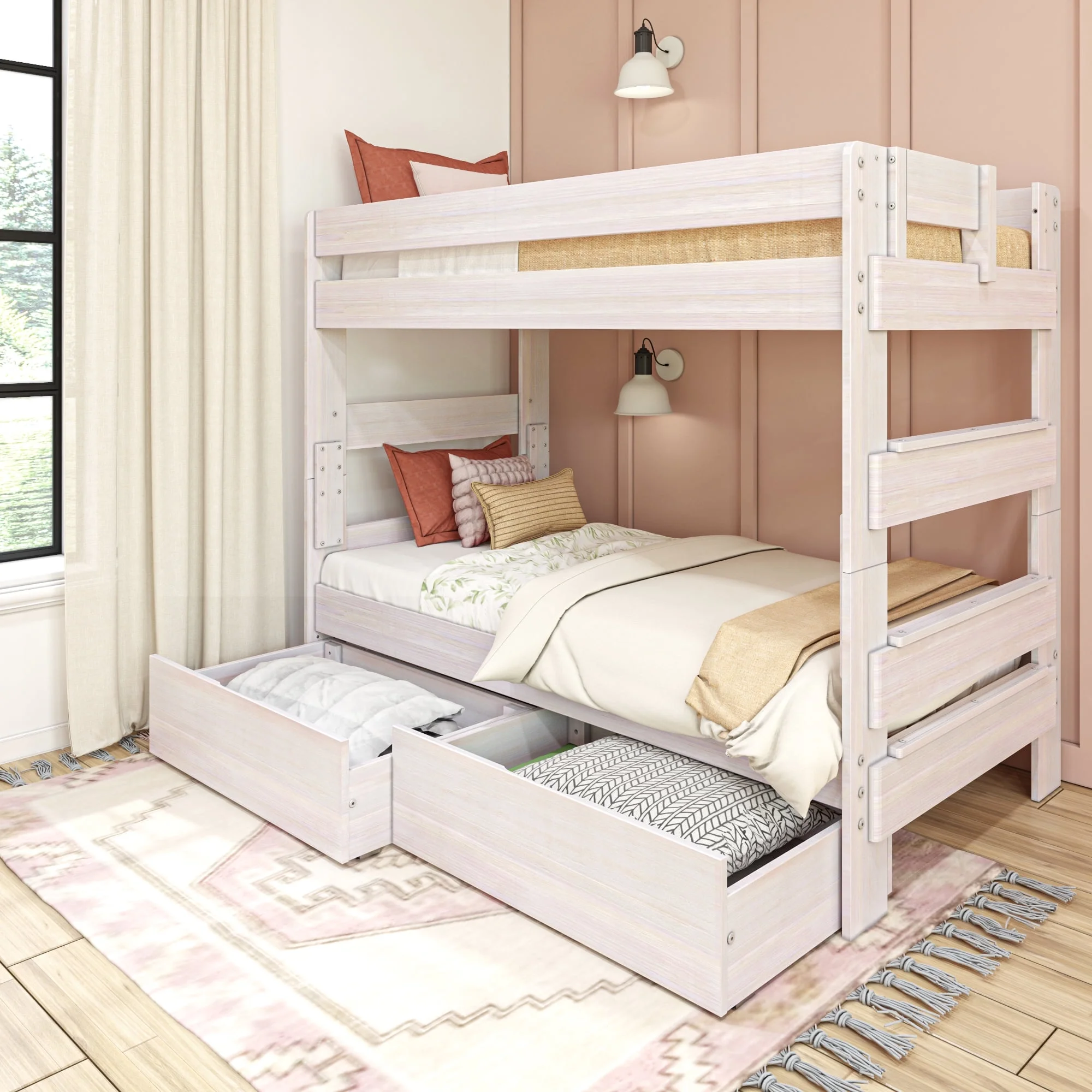 Max & Lily Modern Farmhouse Twin over Twin Bunk Bed with Storage Drawers for Kids, White Wash