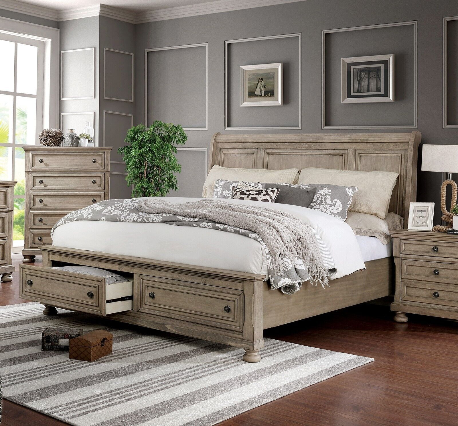 1pc California King Size Bed Transitional Style Solid wood Gray Footboard Storage Drawer Bedroom Furniture Sleigh Back Headboard