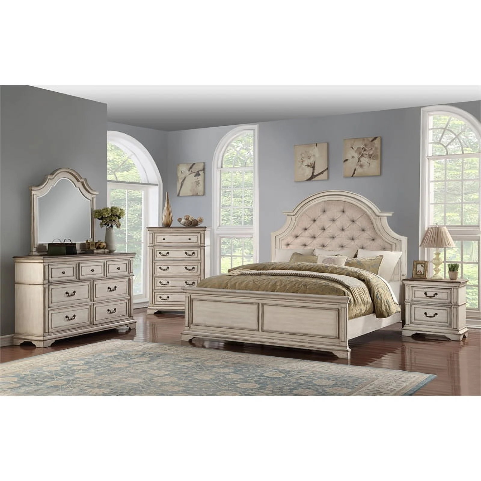 New Classic Anastasia 4-Piece Wood Cal King Bedroom Set with Chest in Ant White