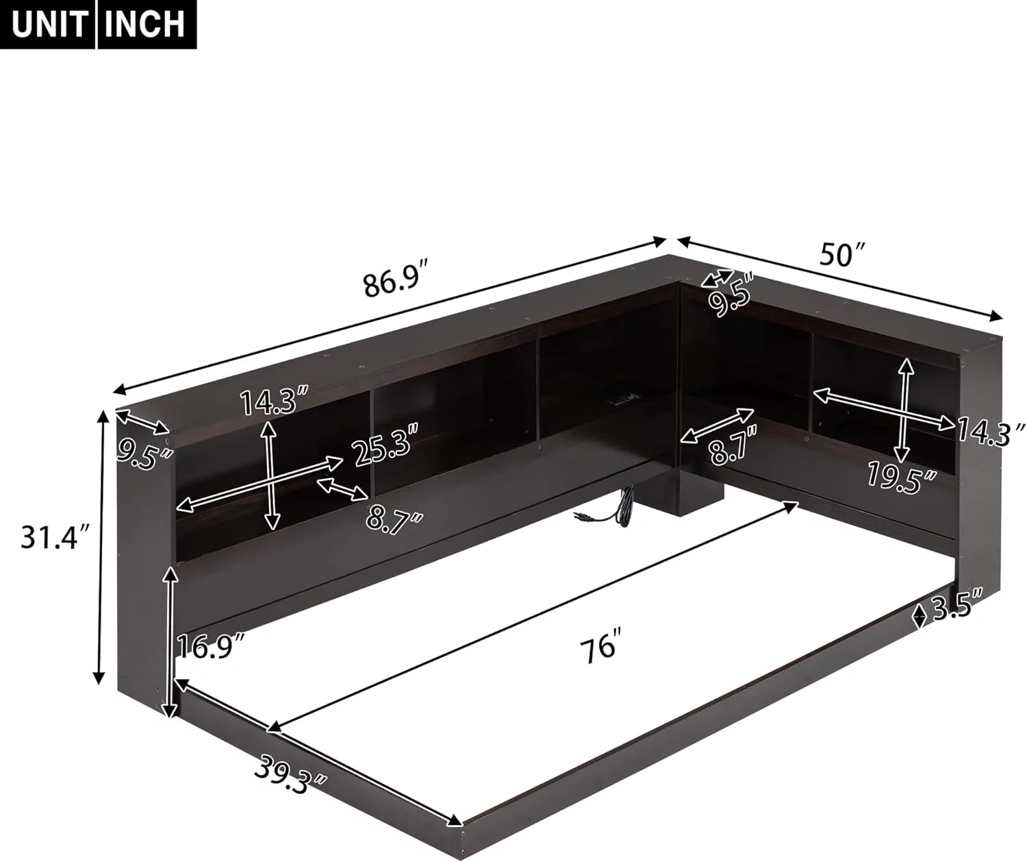 Daybed With Bookcase Headboard, Size L-Shape Daybed With USB Ports, Wood Platform Bed With Storage Headboard For Kids Teens Guests, Espresso