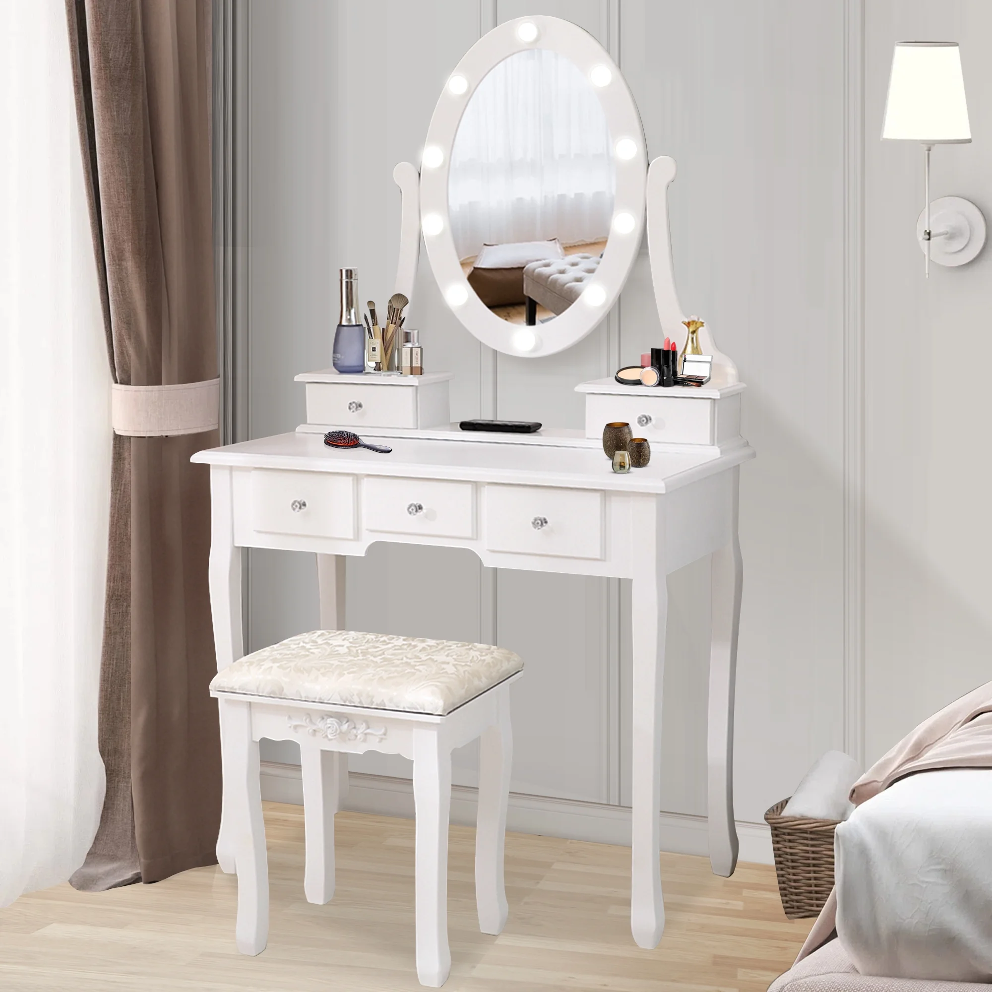 HSUNNS Vanity Set with Lighted Mirror, 5 Drawers Makeup Dressing Desk with Cushioned Stool Set, Makeup Vanity Table Desk with 360-Degree Rotation Mirror, Bedroom Vanities Set, White