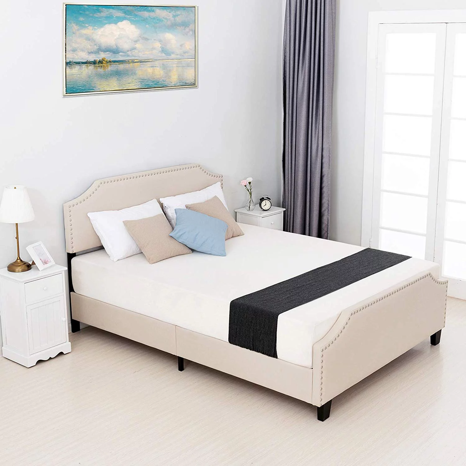 mecor Full Upholstered Linen Platform Bed with Curved Shape Headboard and Footboard, Metal Frame with Strong Wood Slat Support, Headboard Height Adjustable, No Box Spring, Beige, Full Size