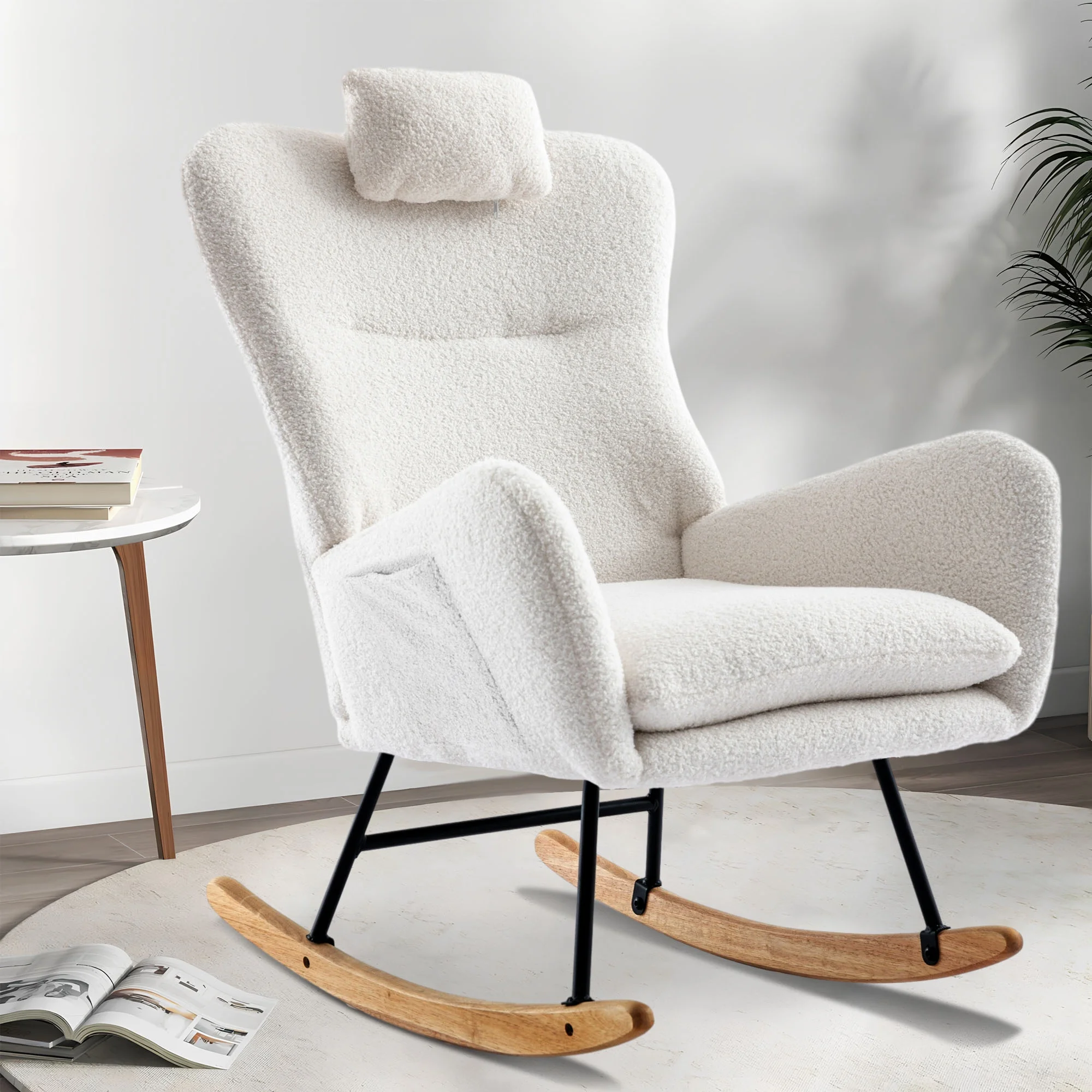 paproos Modern Teddy Fabric Rocking Chair, Accent Rocker Chair with High Backrest, Accent Glider Rocker for Living Room Bedroom Playroom,White