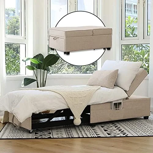 RUNFAYBIU Futon Chair with Lumbar Pillow and 3 Side Pockets Convertible Chair Sleeper Bed Sofa Chair 4 in 1 Ottoman Bed Tufted Fabric Gray (Blue M)