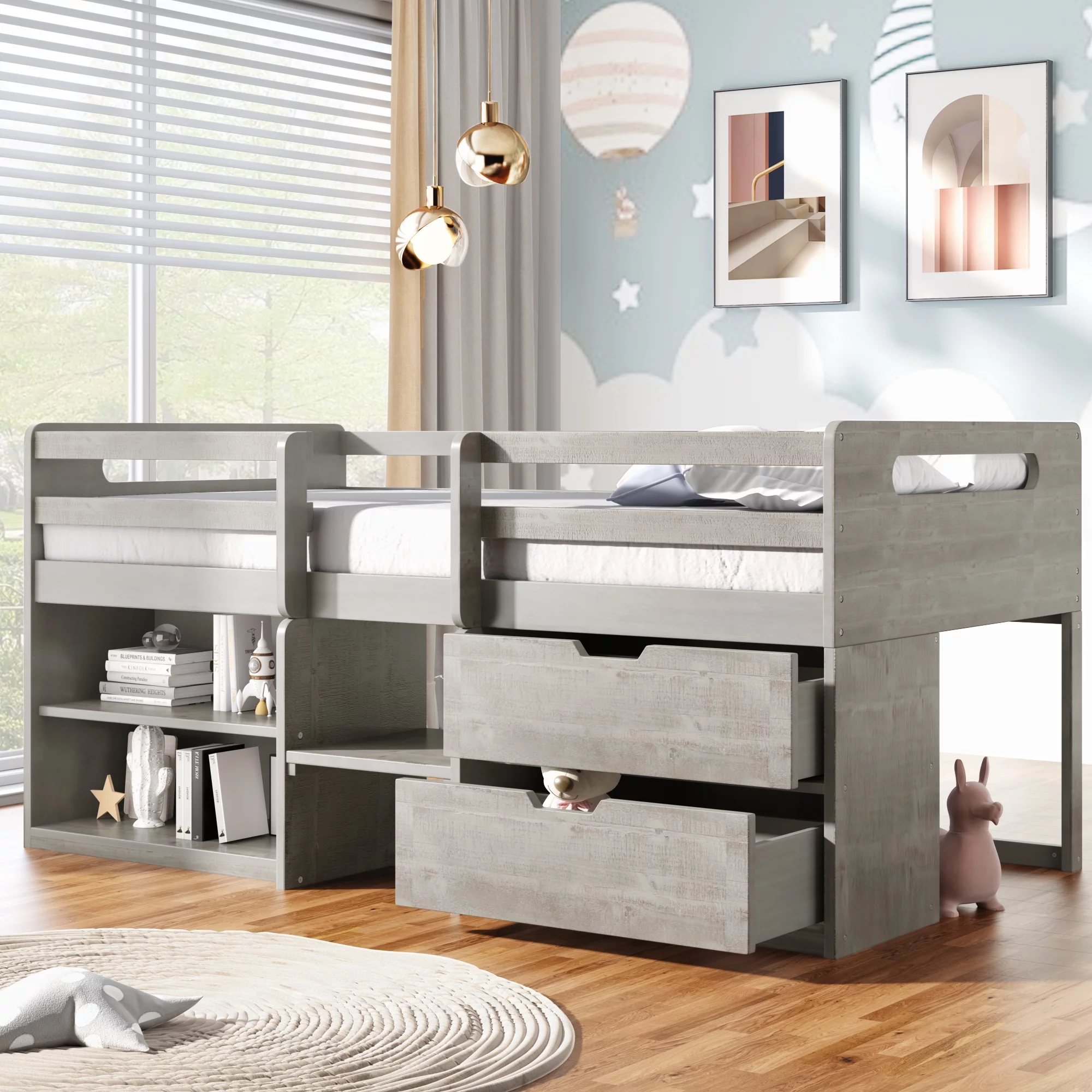 Dcenta Twin size Loft Bed with 2 Shelves and 2 drawers Gray,Overall Product Dimension:76.7” x 41.7” x 37.4”(L x W x H),