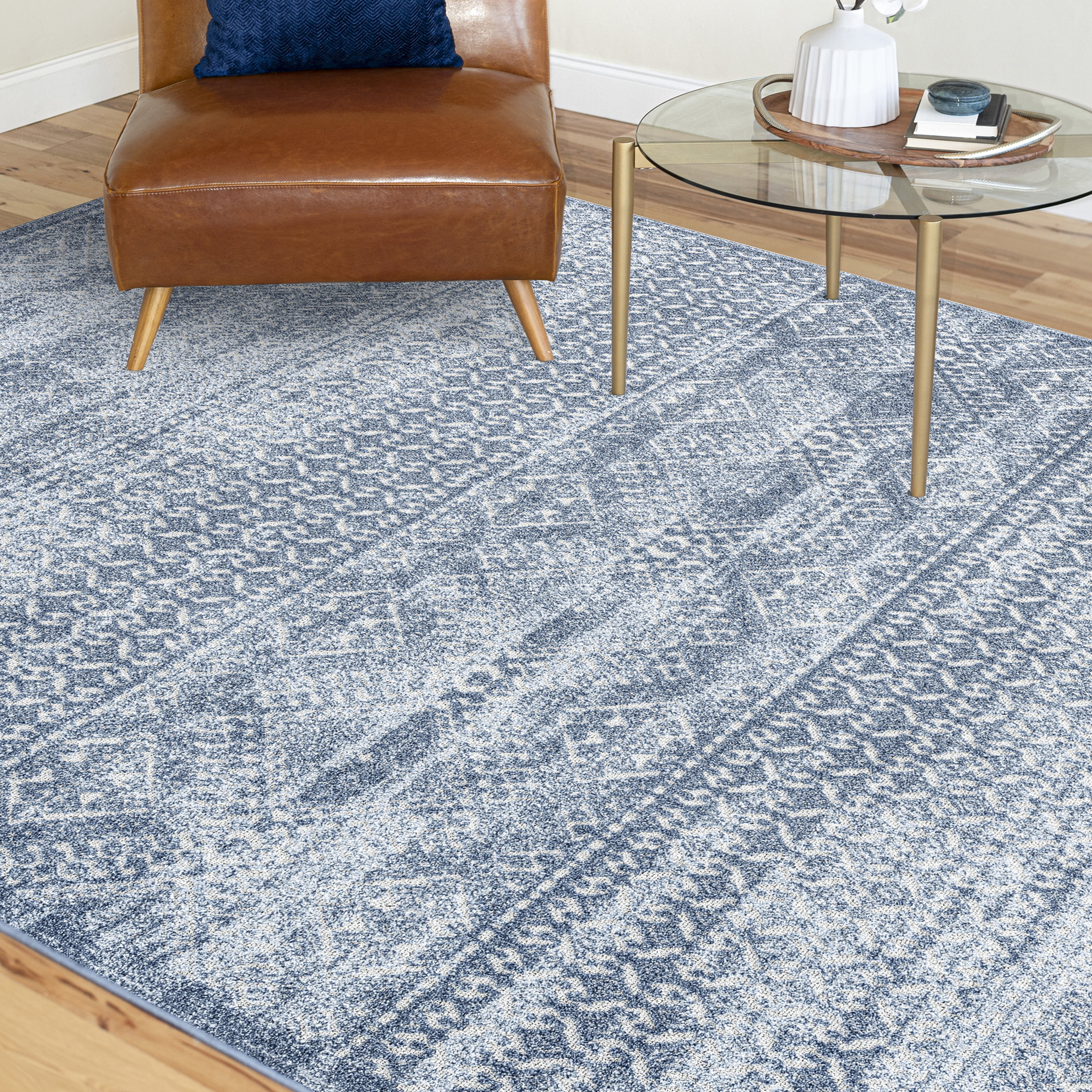 Transitional 5x8 Area Rug (5'3'' x 7'3'') Moroccan Blue, Gray Living Room Easy to Clean