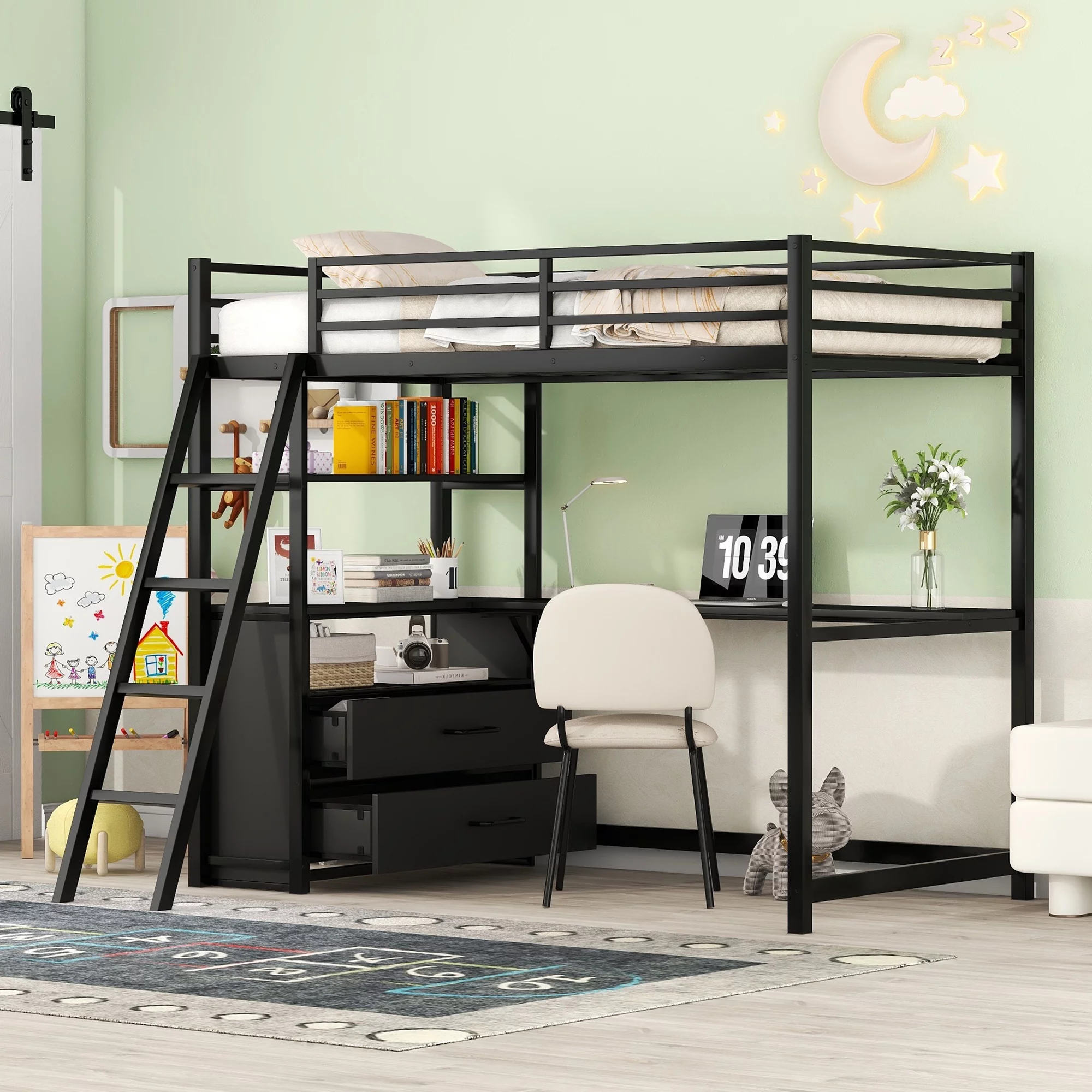 Euroco Twin Size Metal+Wood Loft Bed for Kids, Built-in Desk, Shelf and Drawers for Study and Storage, Space-Saving Metal Frame, Black
