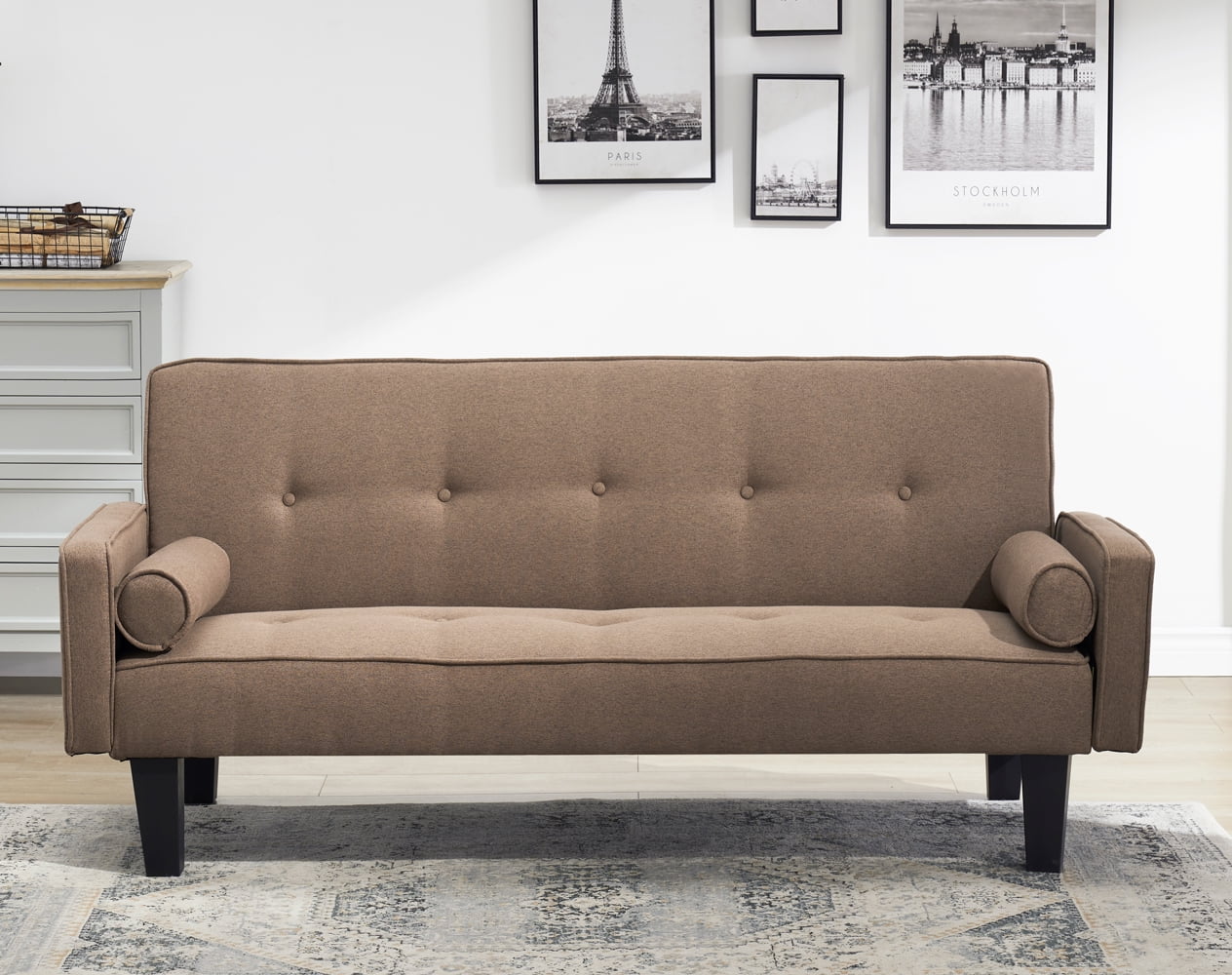 Yone jx je Modern Futon Sofa Loveseat Convertible Sleeper Bed Daybed, Folding Recliner with Two Pillows, Cotton Linen 2-Seat Sofá & Couches for Living Room, Apartment, Brown 2 Seaters