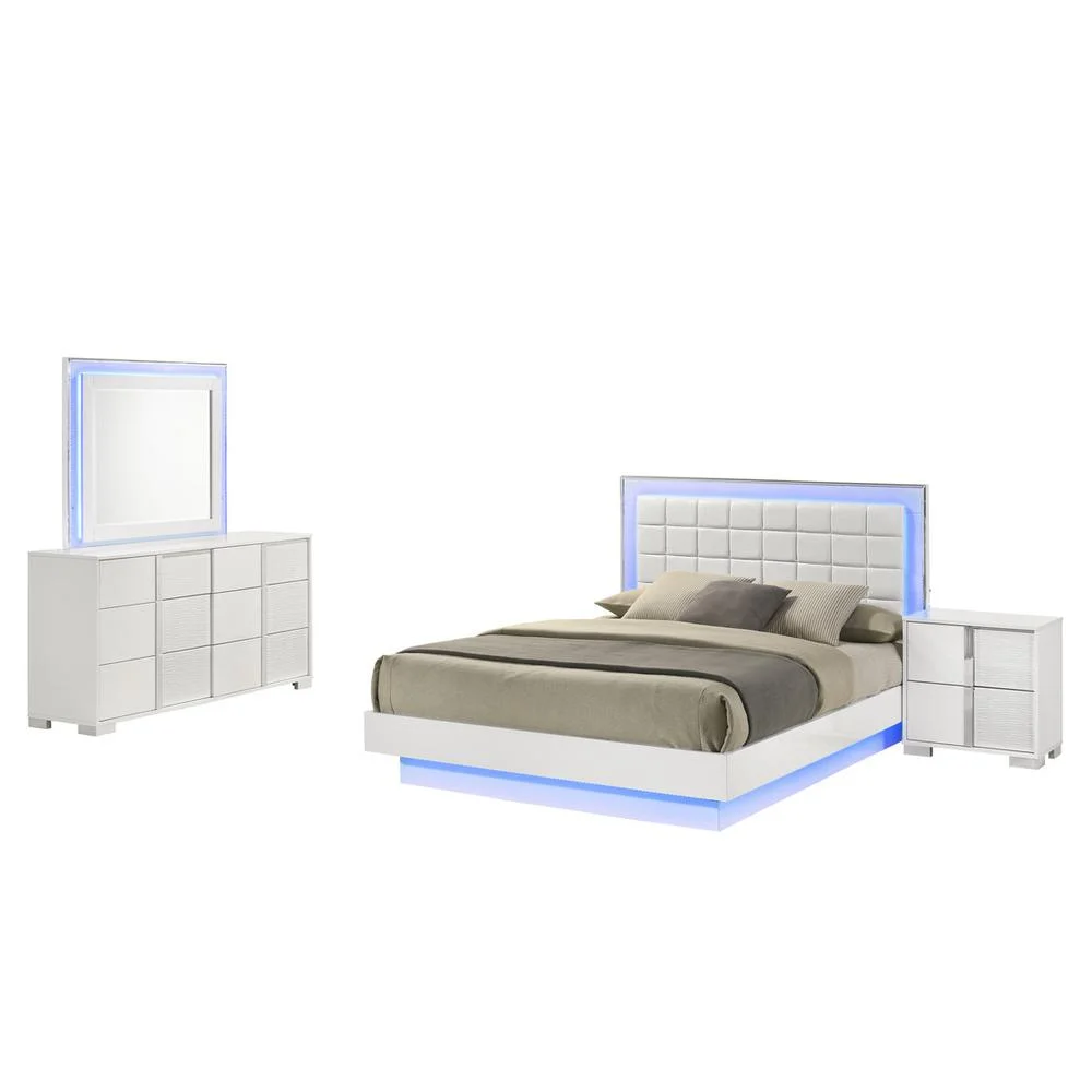 White Wood Lacquer Platform Queen Size Bedroom Set with Blue LED Lighting
