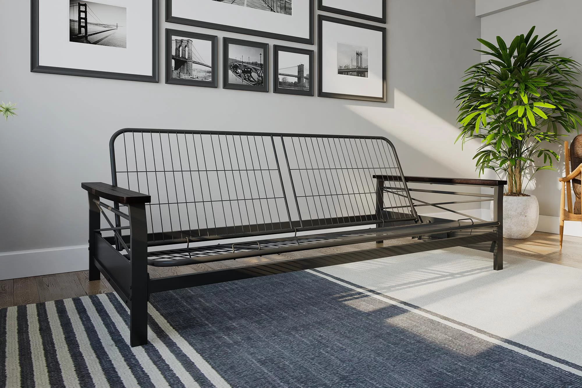 DHP Nadine Metal Futon Frame with Espresso Wood Armrests, Full Size, Mattress Not Included