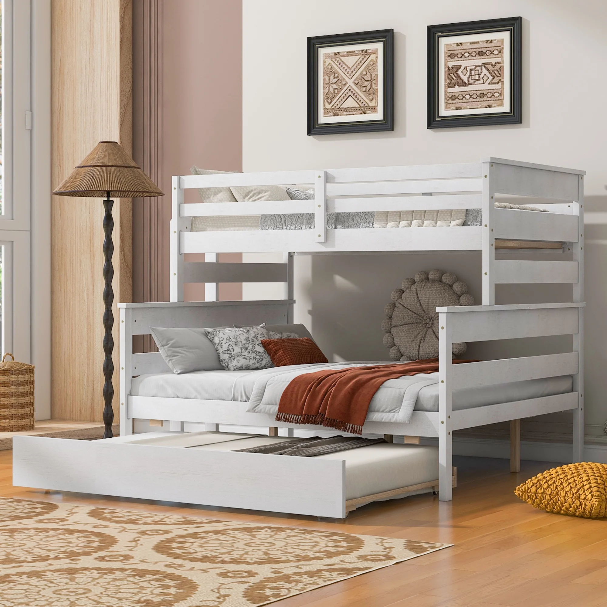Euroco Wood Twin over Full Size Bunk Bed with Trundle, 3-in-1 Beds for Bedroom, Divided Bunk Bed Frame, White