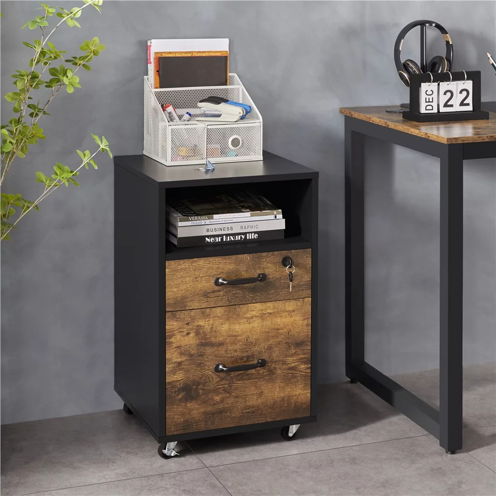 Smile Mart Rolling Wooden File Cabinet with 2 Drawers and Shelf, Black/Rustic Brown