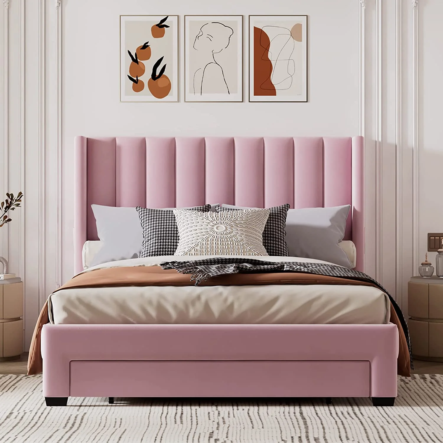 Upholstered Queen Bed Frames,Velvet Tufted Queen Size Platform Bed With Headboard,Queen Storage Bed With A Big Drawer For Bedroom Guestroom, No Box Spring Needed(Queen,)