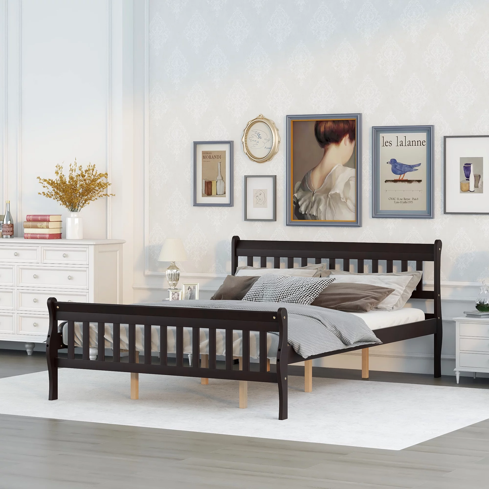 Sleigh Queen Size Wood Platform Bed for Espresso color