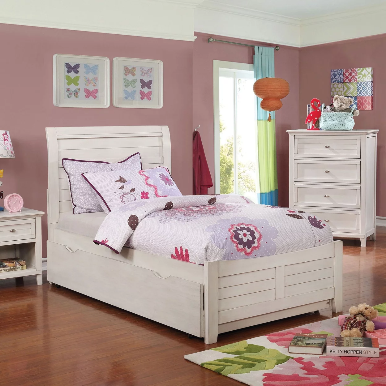Wooden Full Size Bed with Sleigh Design Plank Panel Headboard, White- Saltoro Sherpi