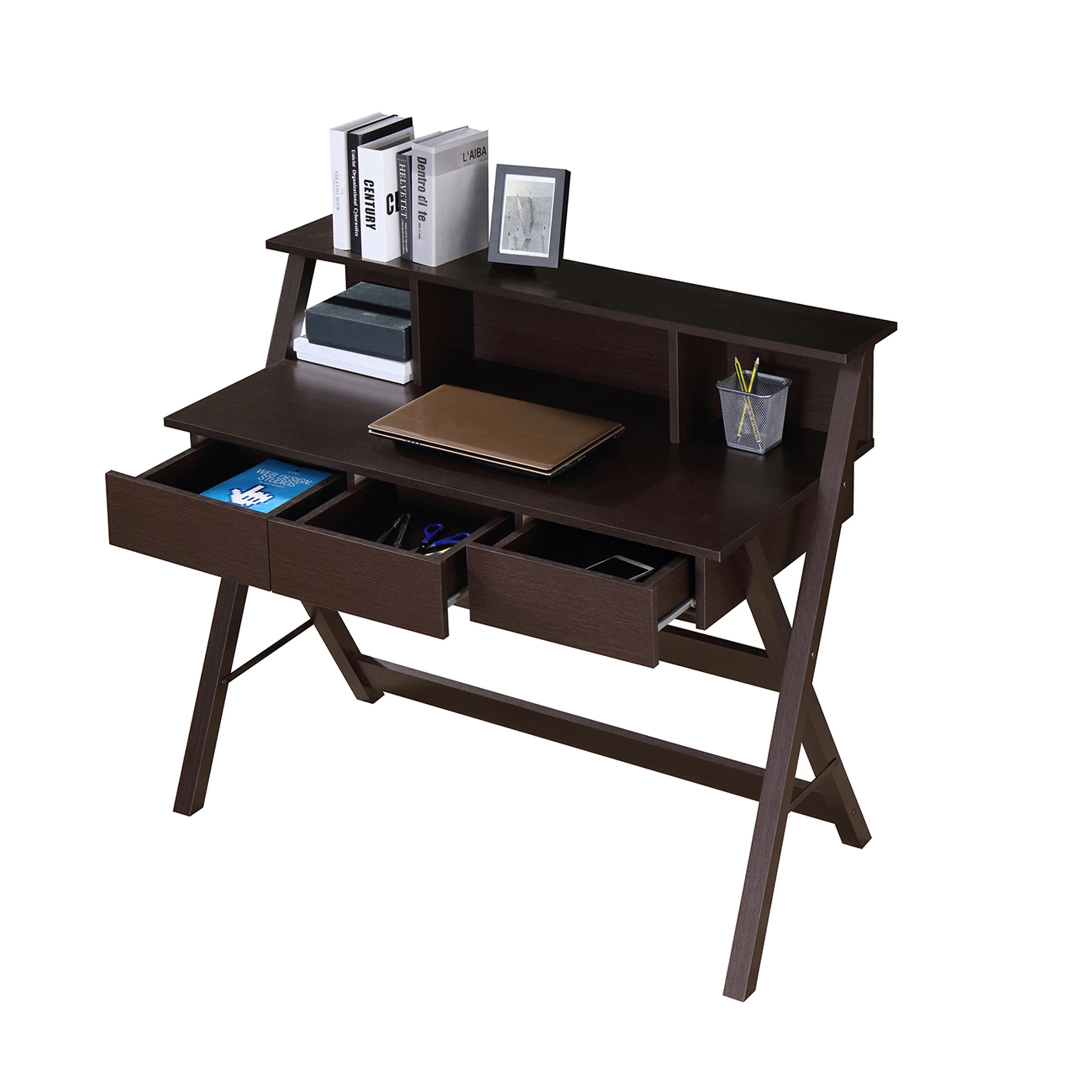 GIA Design Group Writing Desk with Storage, Computer Desk with 3 Drawers & Hutch for Bedroom,Brown