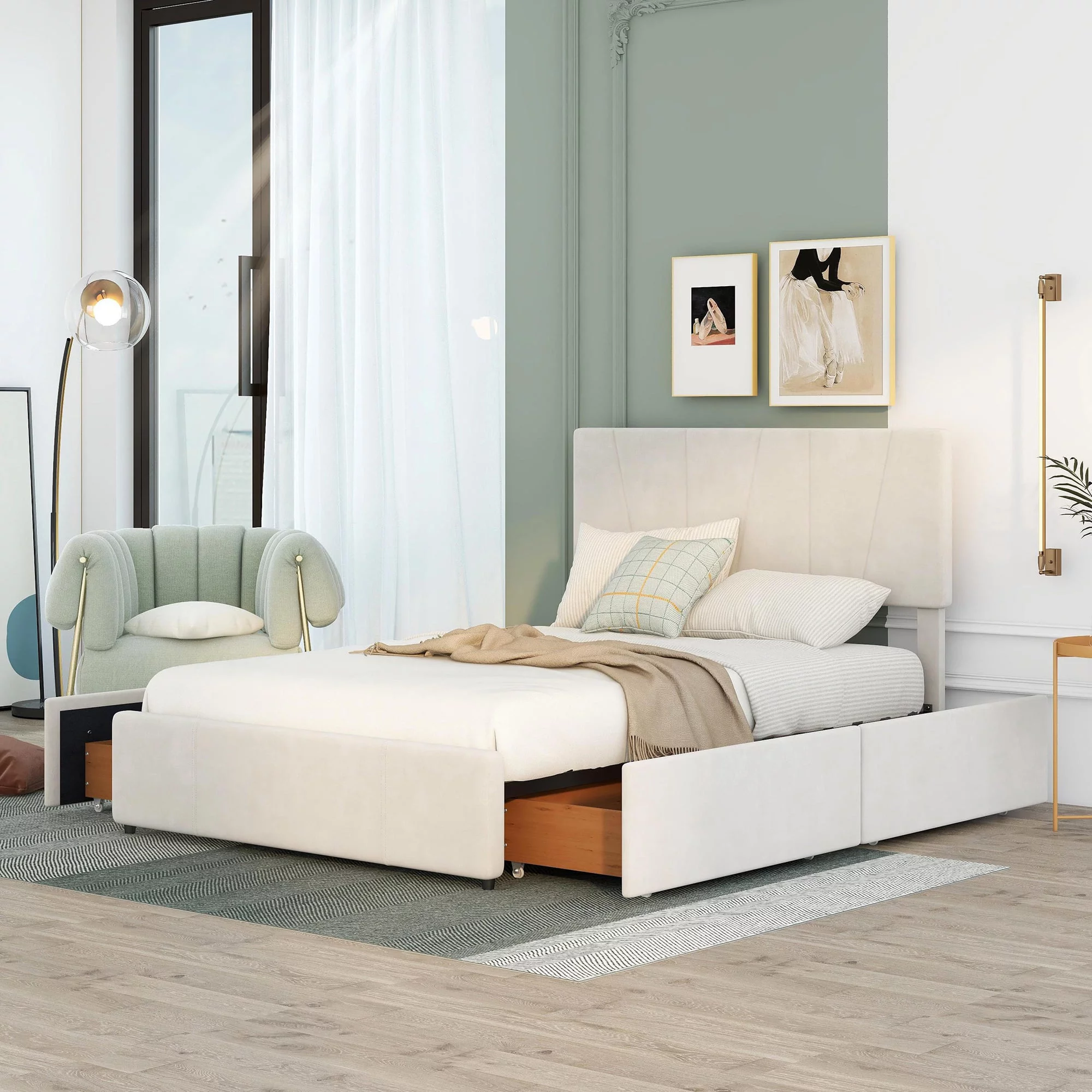 Full Size Upholstery Platform Bed with Four Drawers on Two Sides, Cosymart Adjustable Headboard,Beige