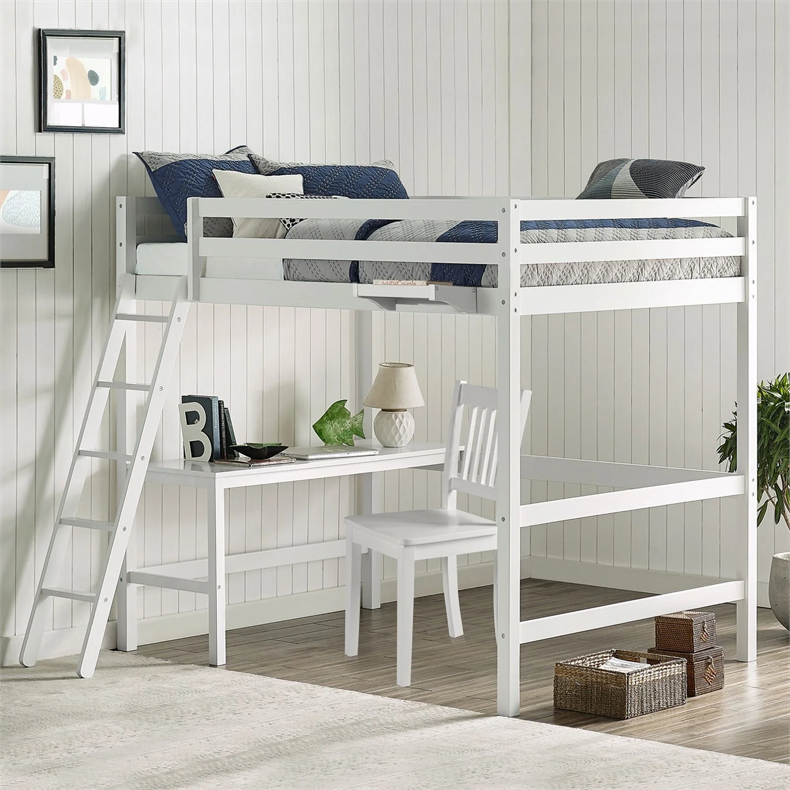 Rosebery Kids Caspian Wood Full Loft with Chair & Hanging Nightstand in White