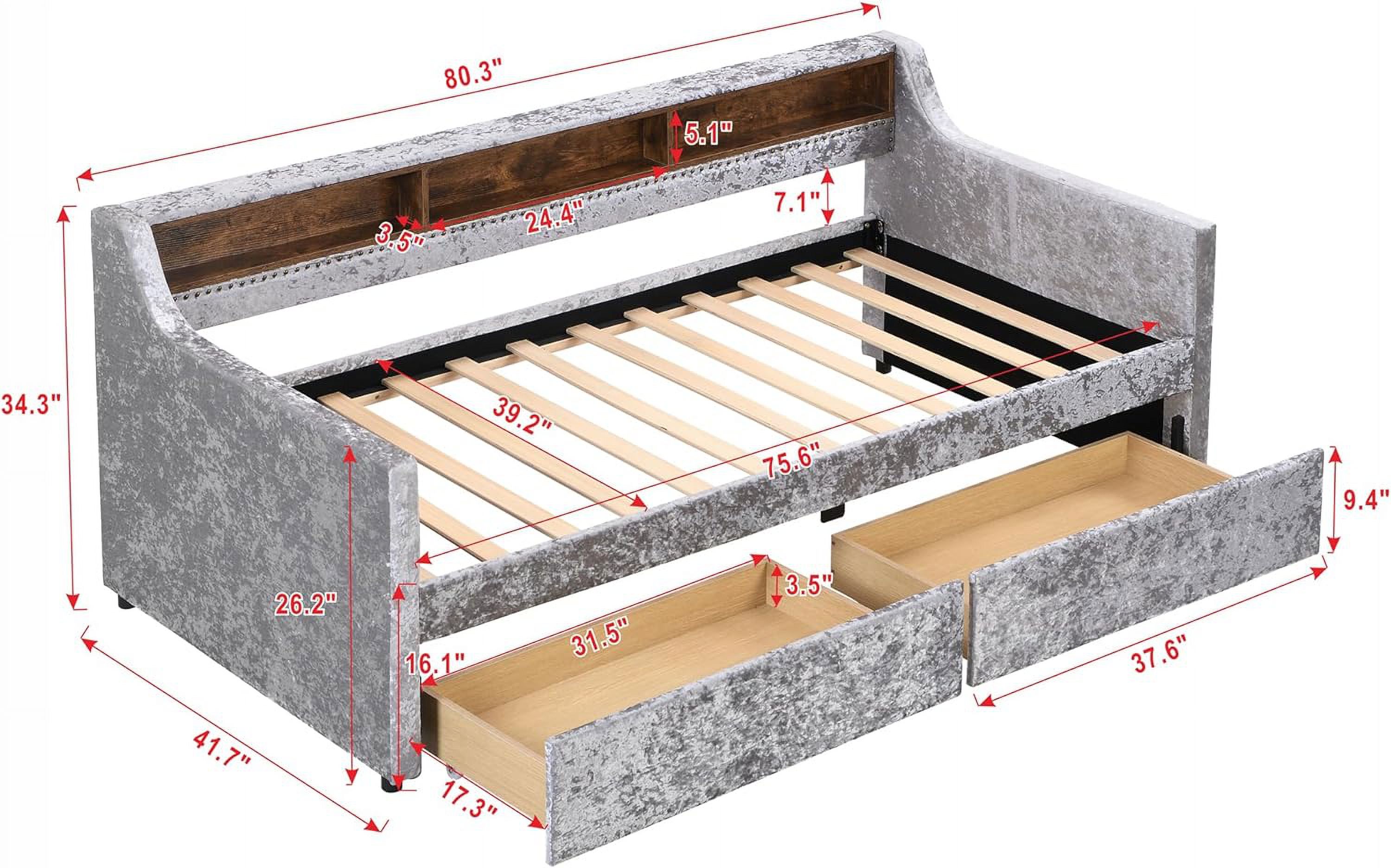 Twin Size Snowflake Velvet Daybed with Two Storage Drawers and Built-in Storage Shelves
