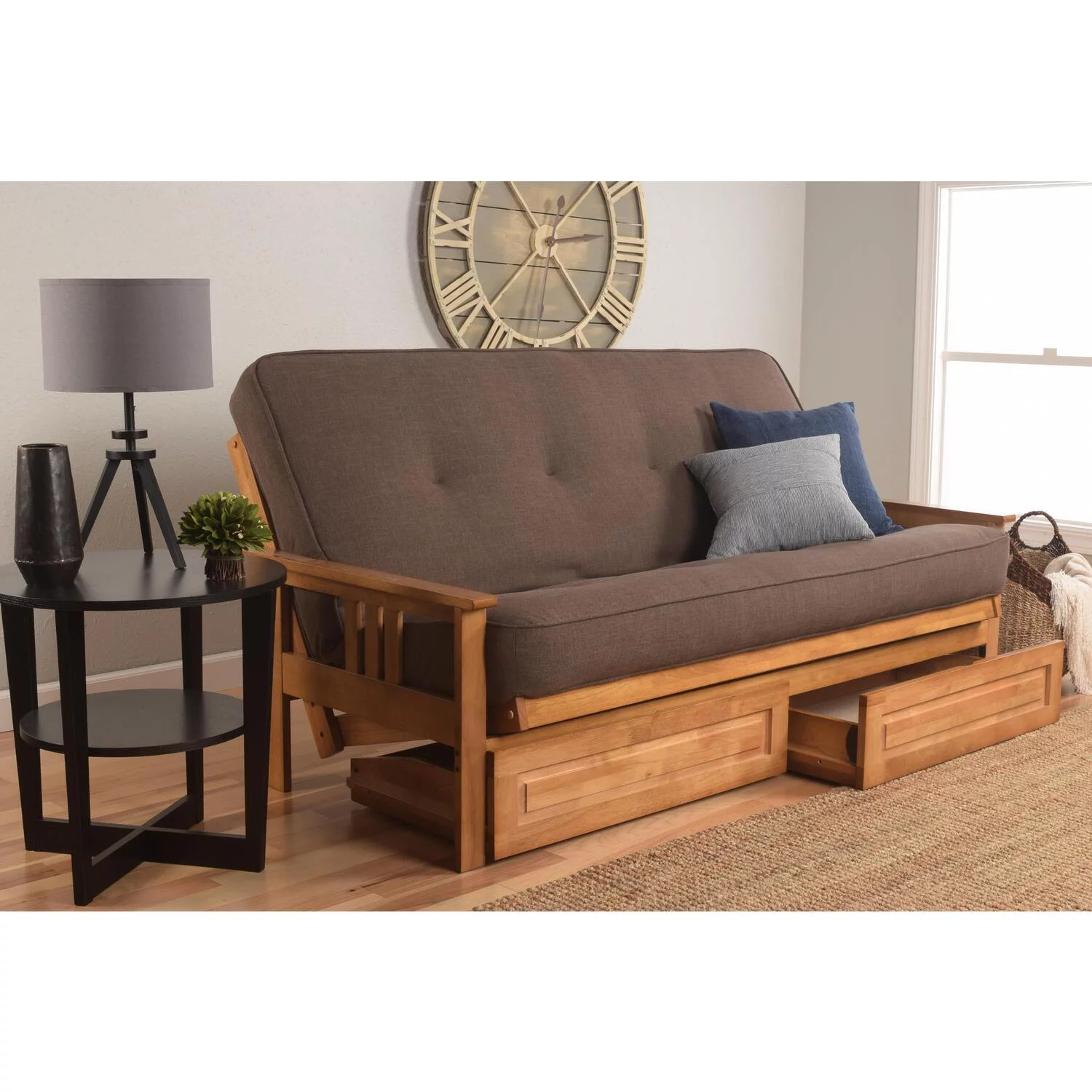 Homestock Vintage Visions Full Futon Frame with Storage Drawers, Color:Barbados/Brown