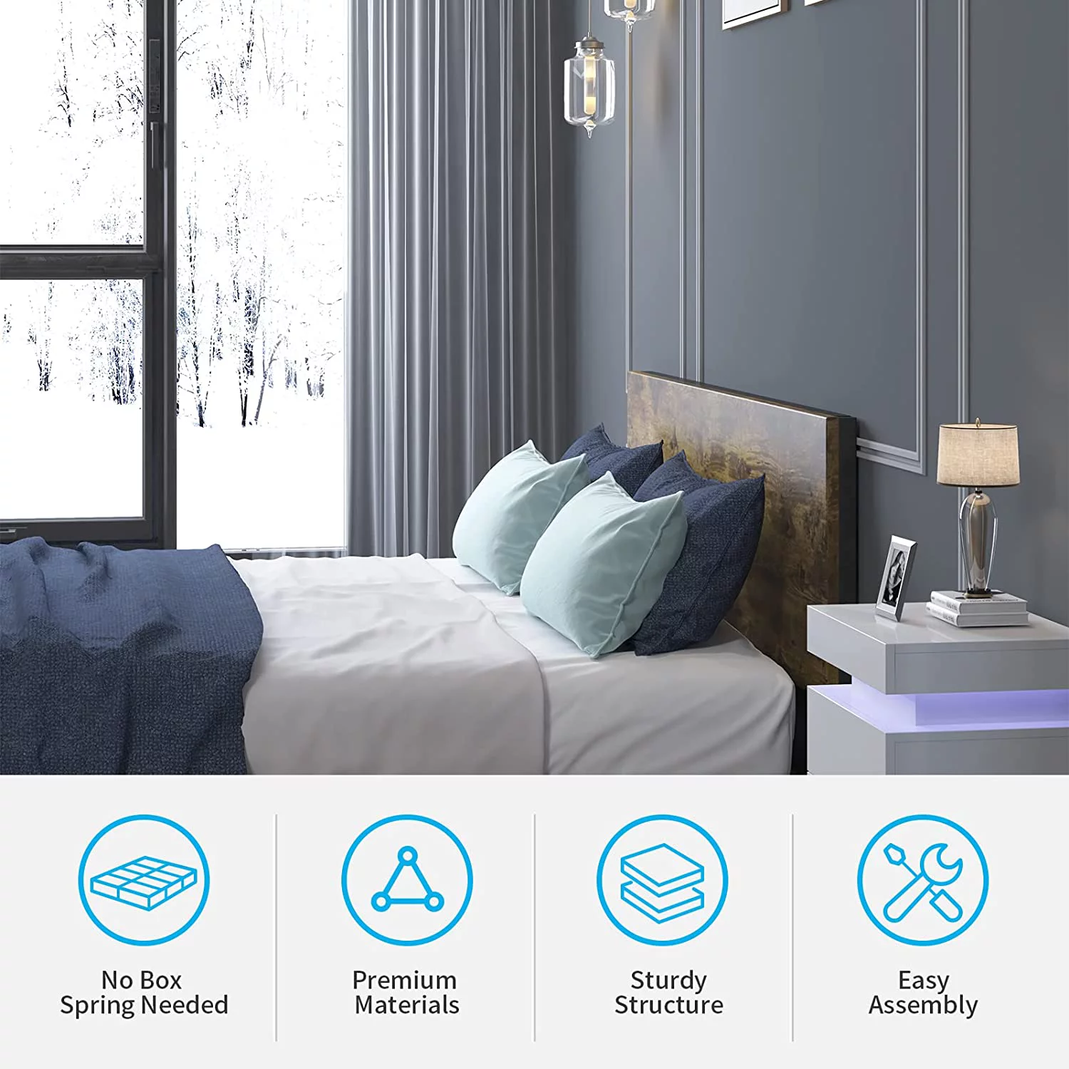 Mjkone 4 Storage Drawers King Size Bed Frame, Natural Wood Platform Bed with Headboard, Wood Slat Support, No Box Spring Needed/Easy Assembly