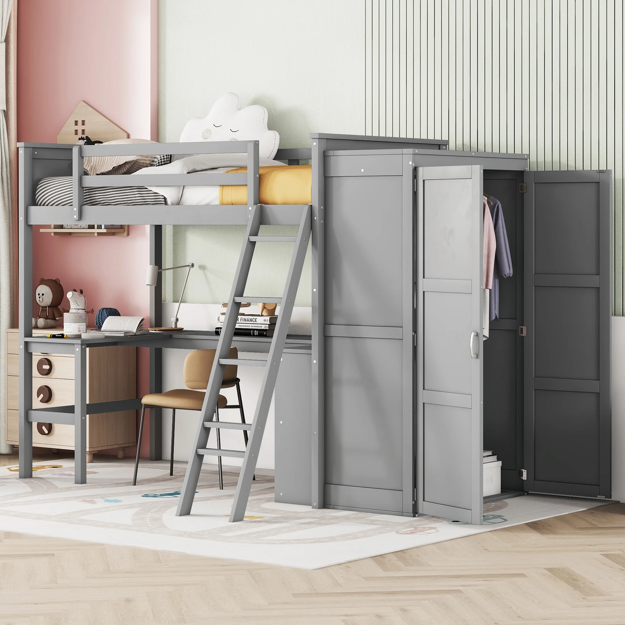 CoSoTower Twin Size Loft Bed with Desk, Shelves and Wardrobe-Gray
