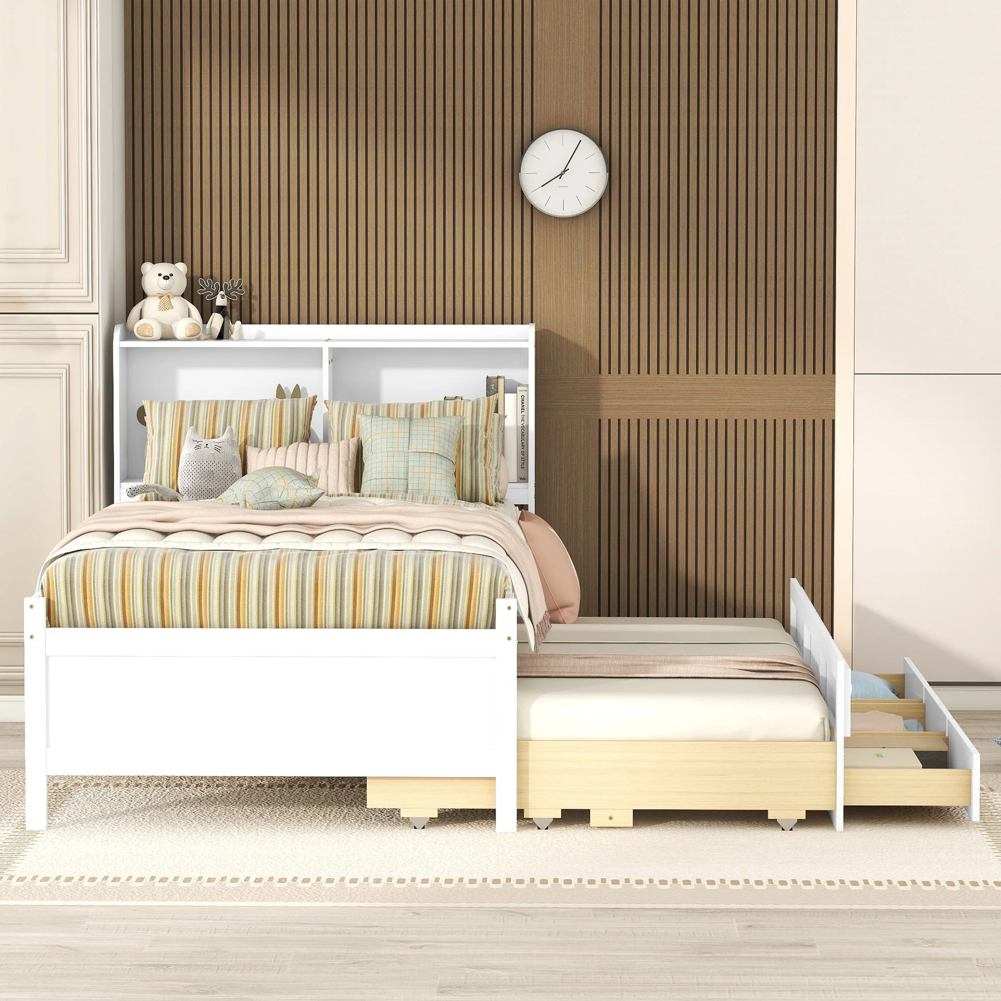 Bellemave Twin Size Bed with Trundle and Drawers, Wooden Platform Bed with Bookcase Headboard, USB Ports Outlets and LED Light, Twin Storage Bed for Kids Teens Adults (White)