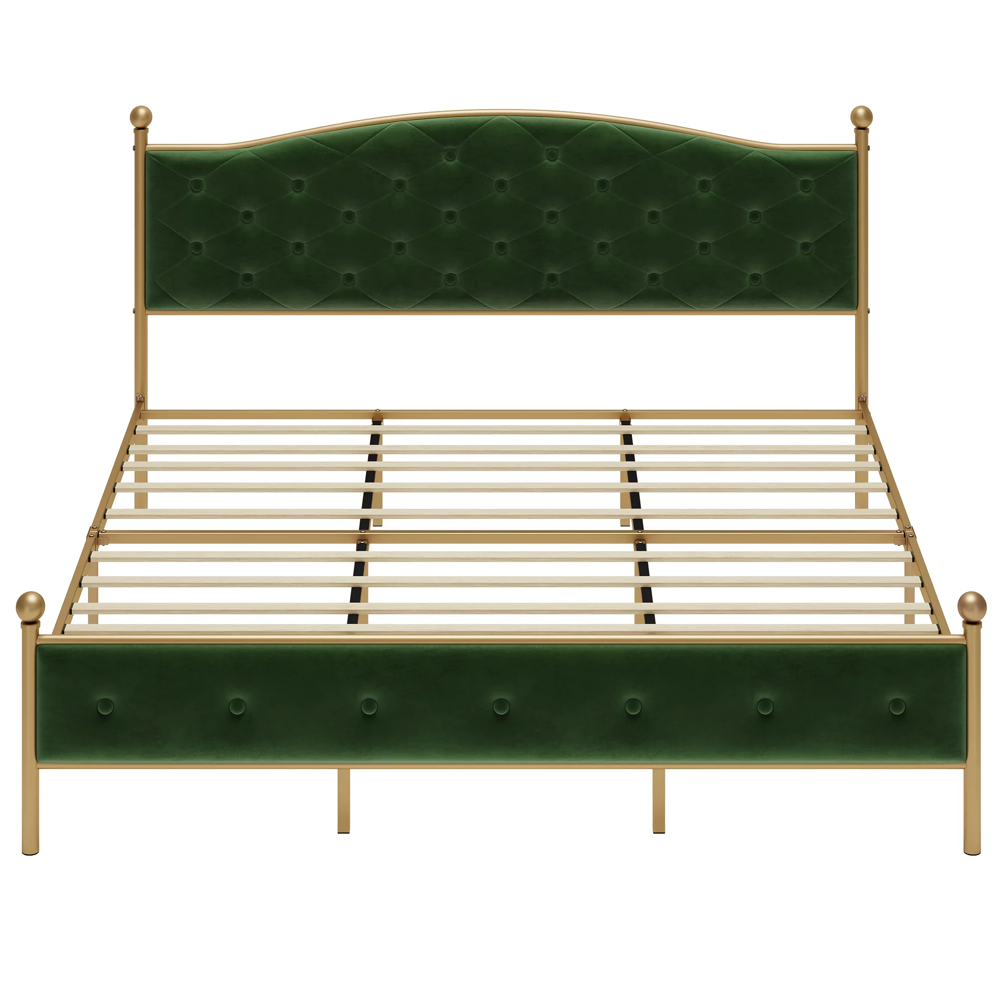 Homhougo Bed Frame Upholstered Platform Bed with Velvet and Button Tufted Headboard, Heavy Duty Metal Mattress Foundation and Wooden Slats, No Box Spring Needed in Gold and Off White