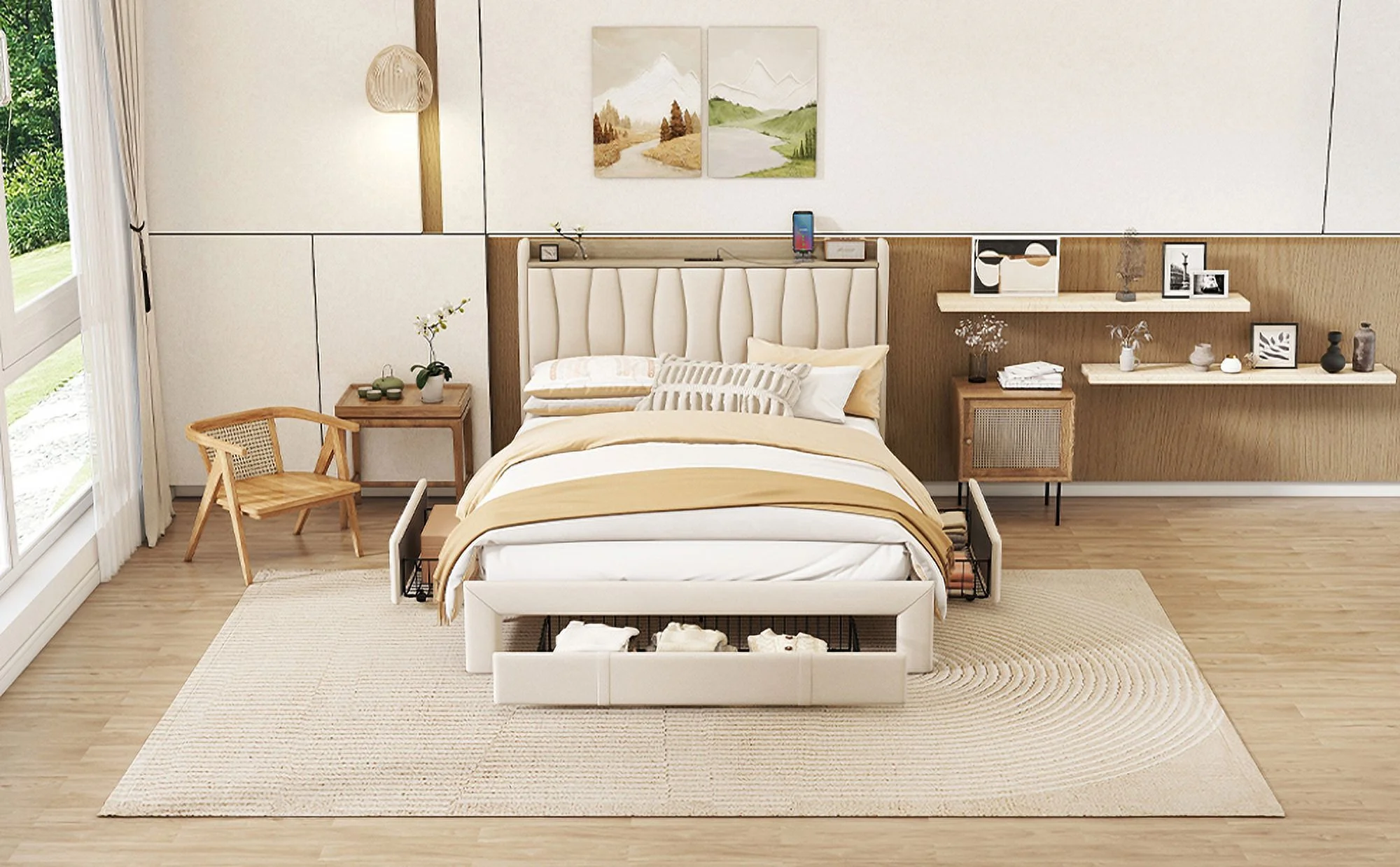 Yone jx je Queen Size Bed Frame with Storage Headboard and Charging Station, Upholstered Platform Bed with 3 Drawers, No Box Spring Needed,Beige