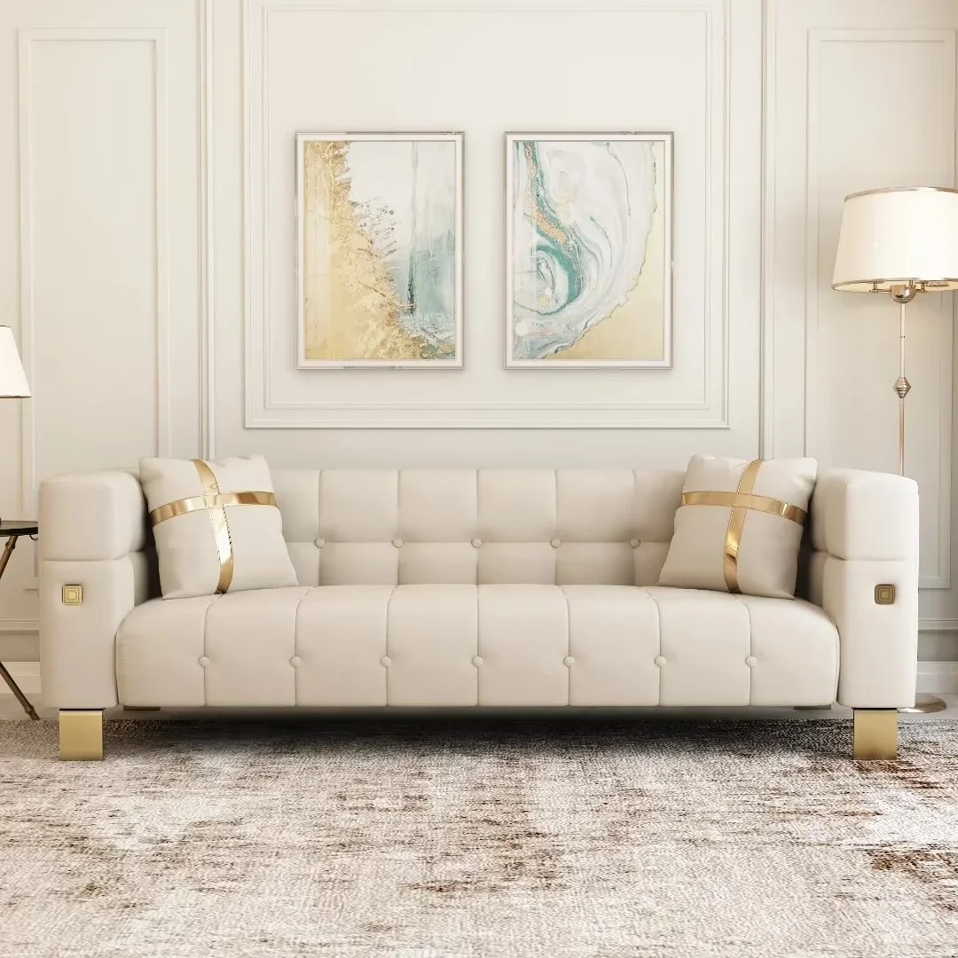 Lecut 89’’ Velvet Sofa Mid Century Small Couch Pretty Chesterfield Sofa Couch with Gold Legs for Apartment Bedroom Office with Pillows Beige