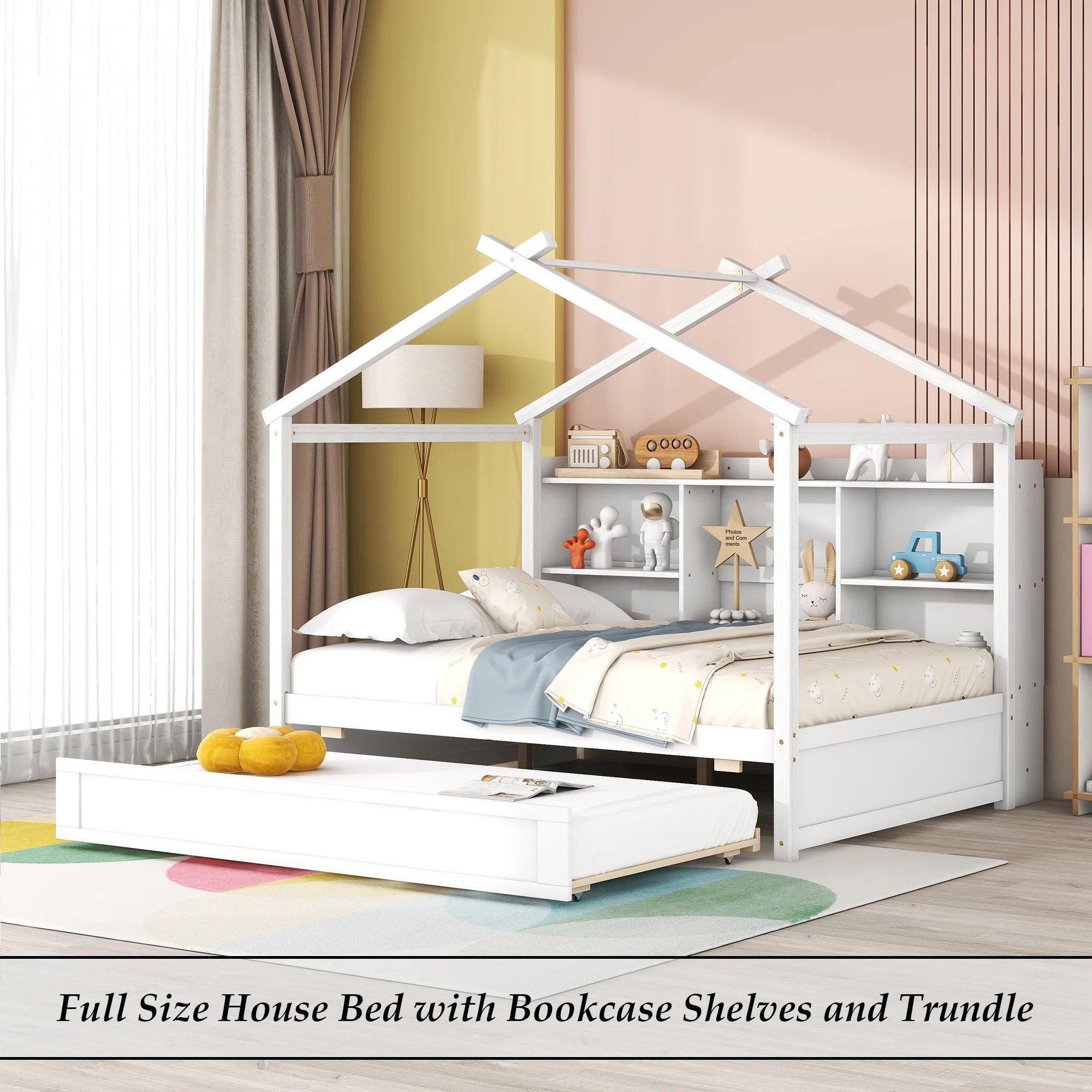 Bellemave Full Size House Bed with Trundle and Storage Shelves, Solid Wood Playhouse Bed with Roof, Montessori Platform Bed Frame with Storage for Kids, Girls, Boys (Full,White,Trundle)